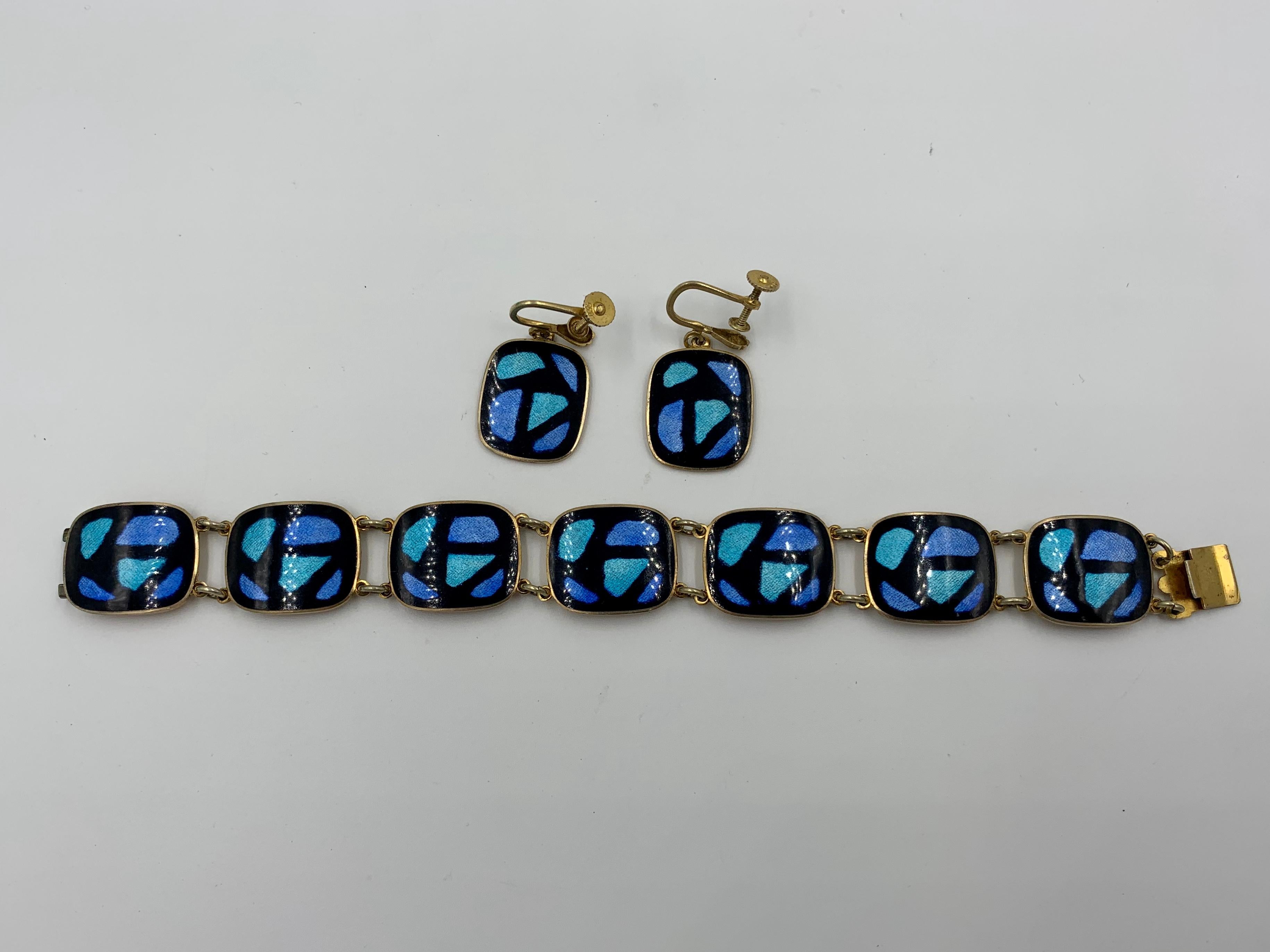 S.G.Morris Modernist Bracelet & Earrings Enamel Sterling Silver Midcentury Rare For Sale 1