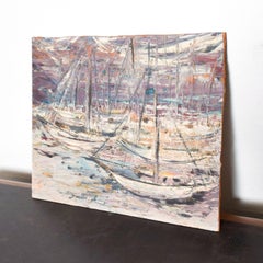 1970s Sgraffito Art Abstract Boats Oil Canvas Mid-Century Modern