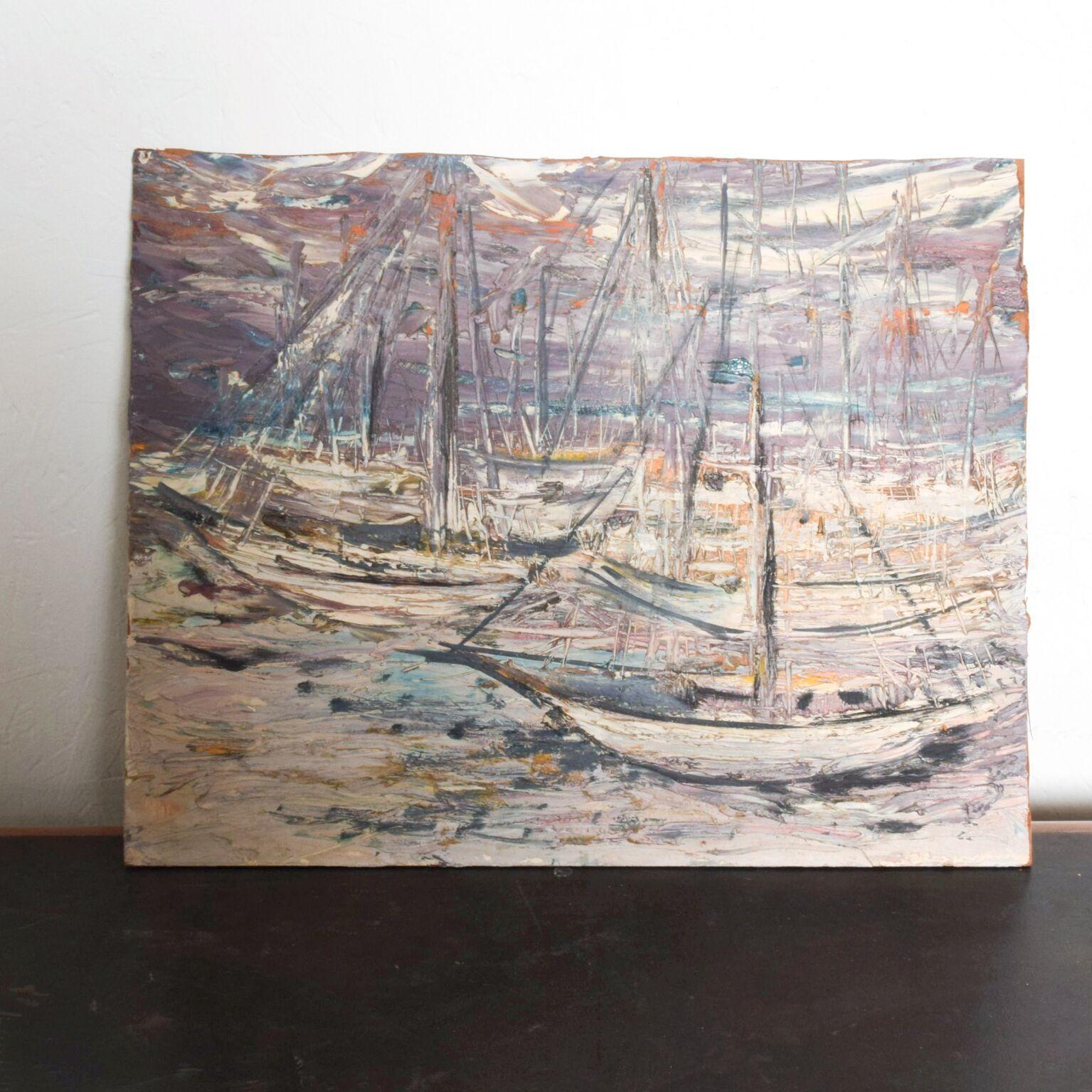 Late 20th Century 1970s Sgraffito Art Abstract Boats Oil Canvas Mid-Century Modern For Sale