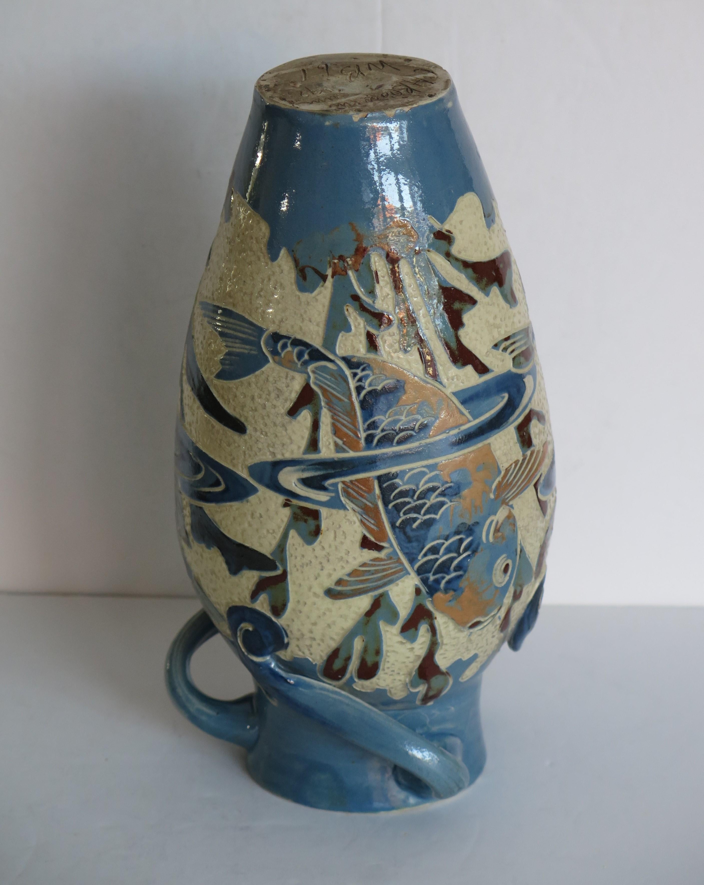 Sgraffito Fish Pottery Vase by C H Brannam's,  English Arts & Crafts period 1892 For Sale 1
