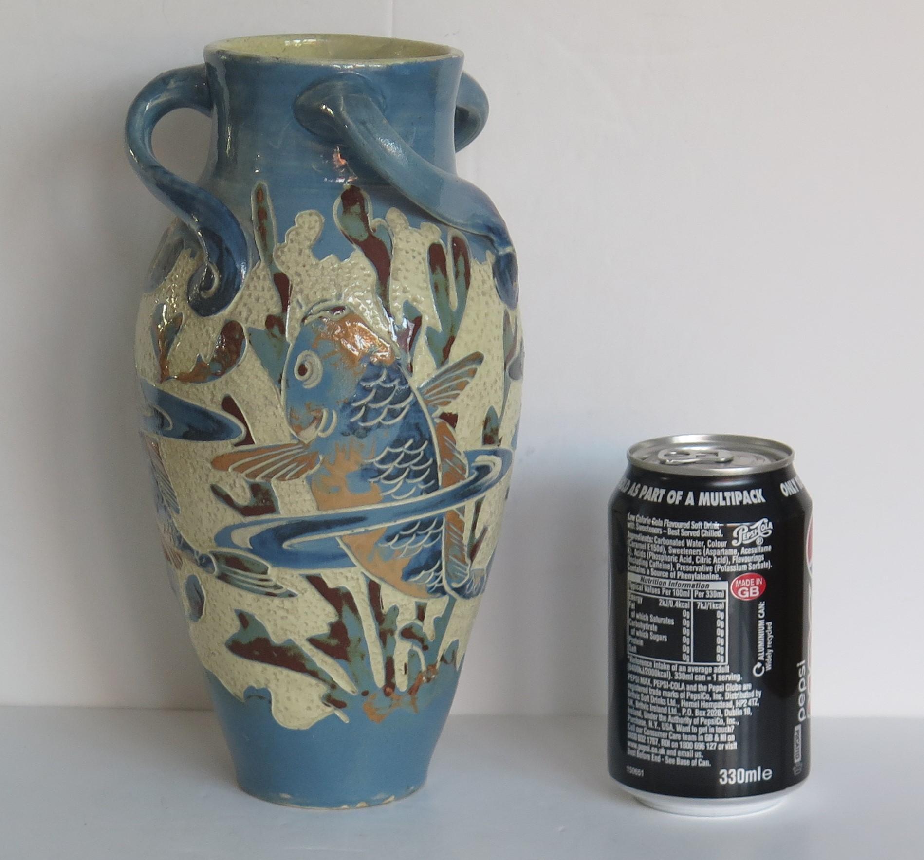 Sgraffito Fish Pottery Vase by C H Brannam's,  English Arts & Crafts period 1892 For Sale 2