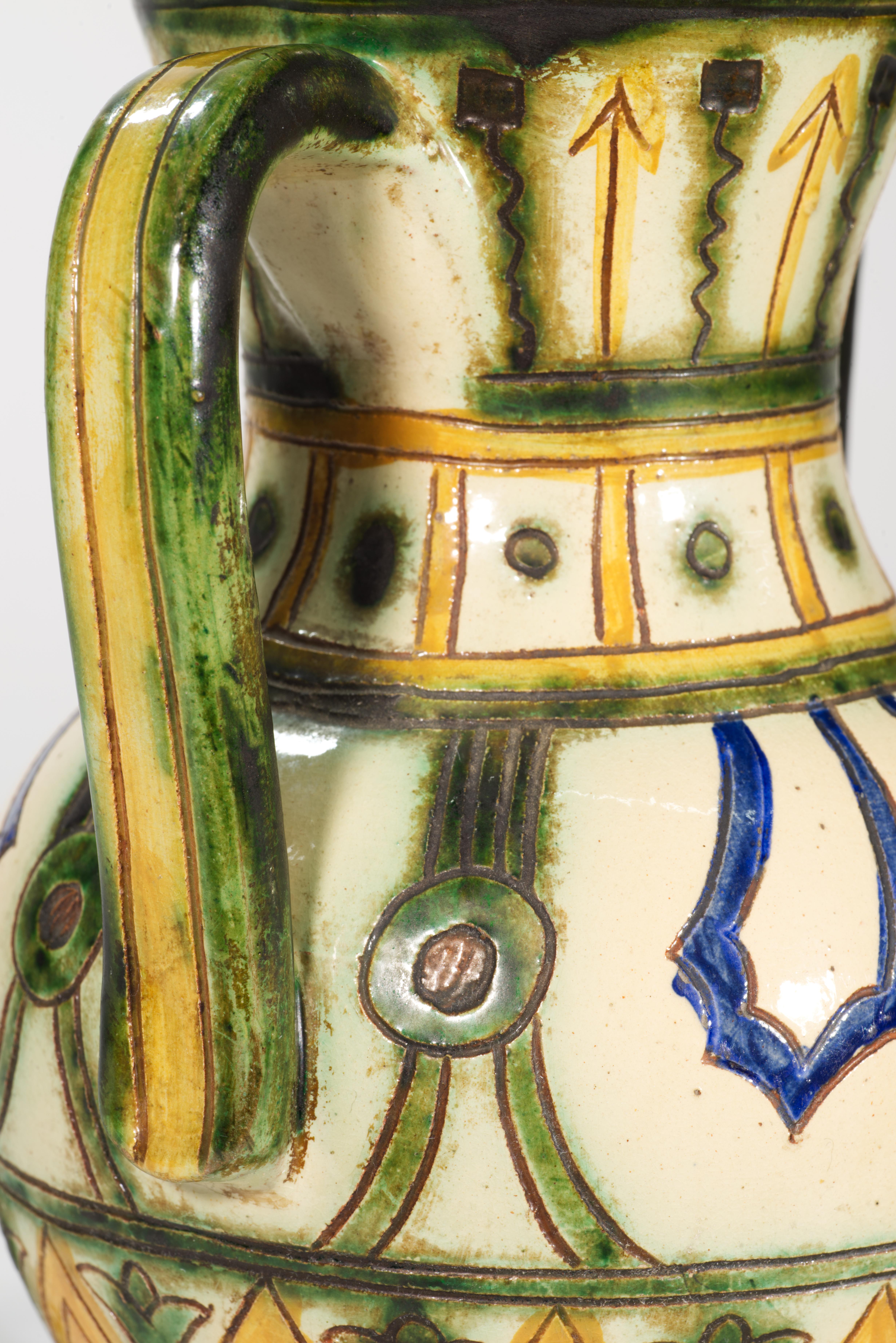 Lampada da tavolo in maiolica dipinta a mano Sgraffito con maniglie, Italia anni '20-'40 in vendita 2