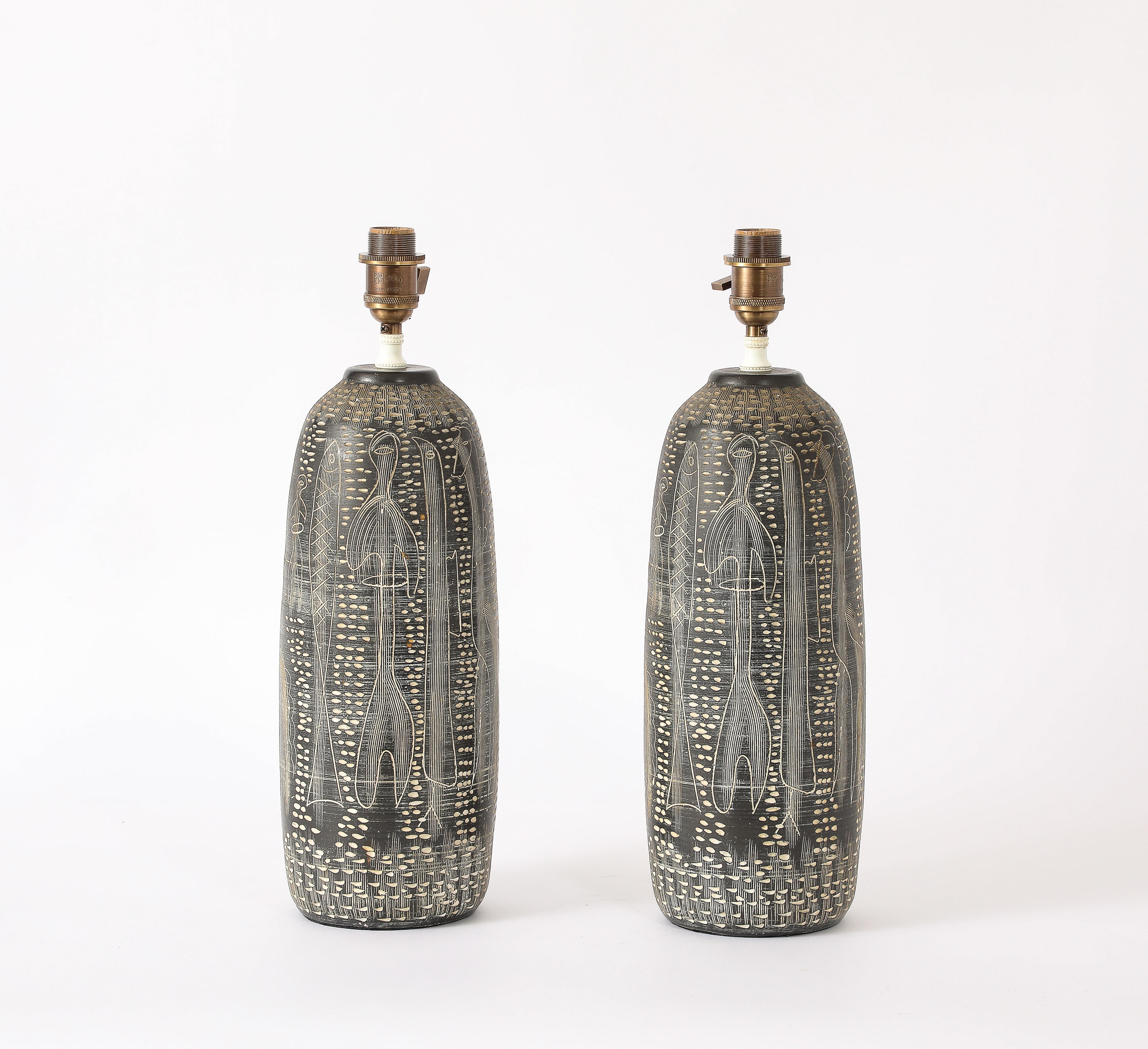 Carved Sgrafitto Table Lamps, Italy 1960's For Sale