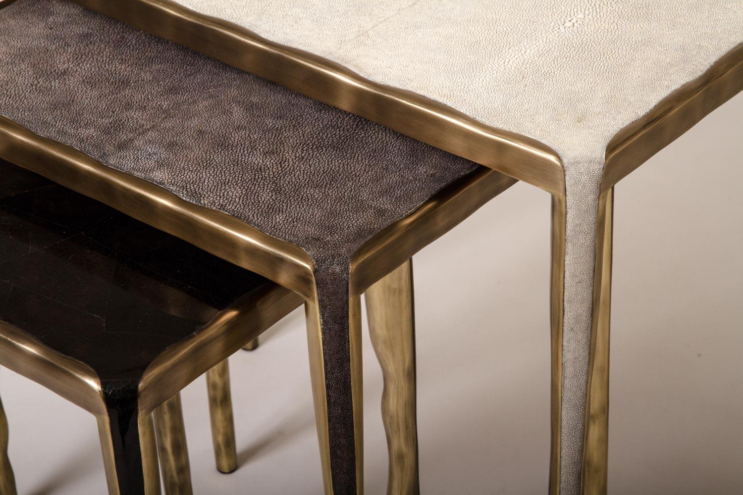 Shagreen Nesting Side Tables with Bronze-Patina Brass Accents by R&Y Augousti For Sale 12