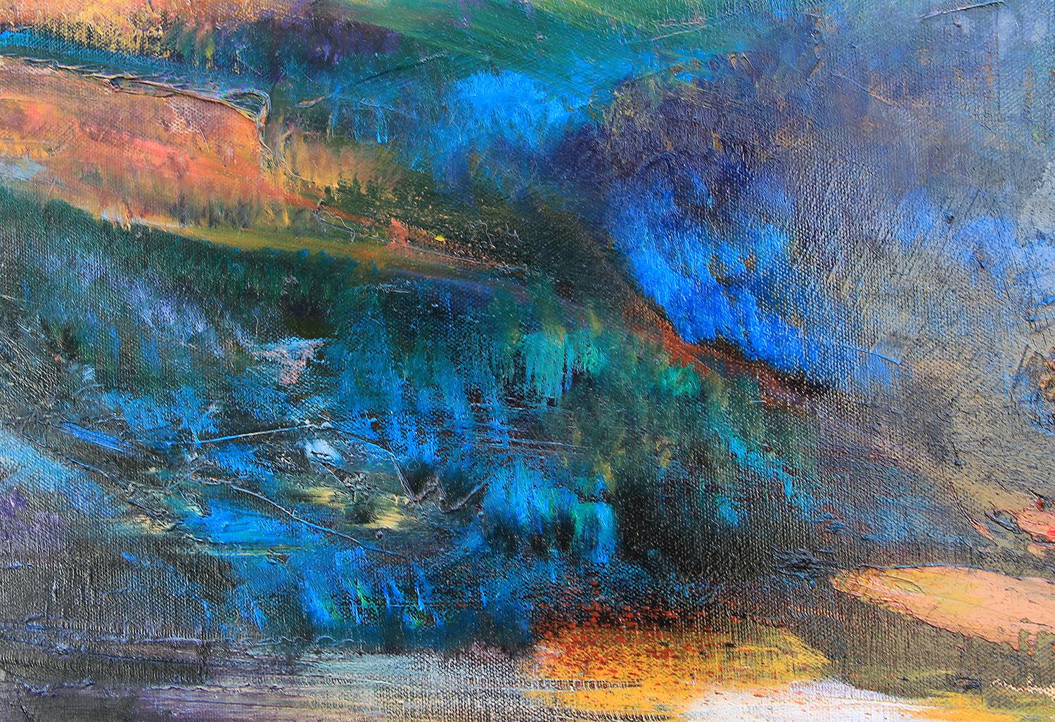 Dark toned impressionist painting by Houston, Texas artist Sha Mo. Abstract painting with blue, green, red, and orange accents depicting landscape with flowing lava and mountain ranges. Unframed but framing options are available.
