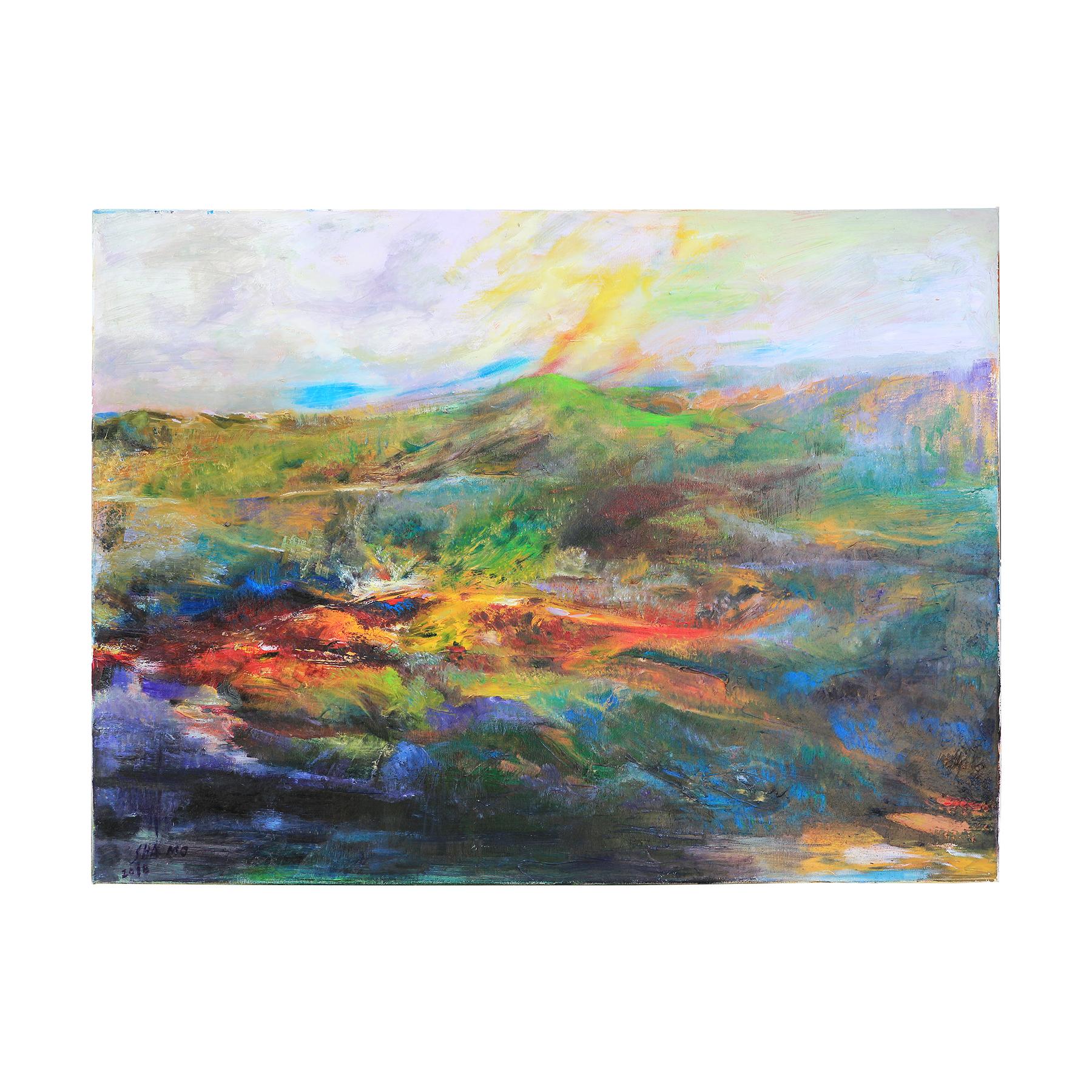 Dunkel getönte Landschaft mit grünem Berg Impressionistisches Gemälde