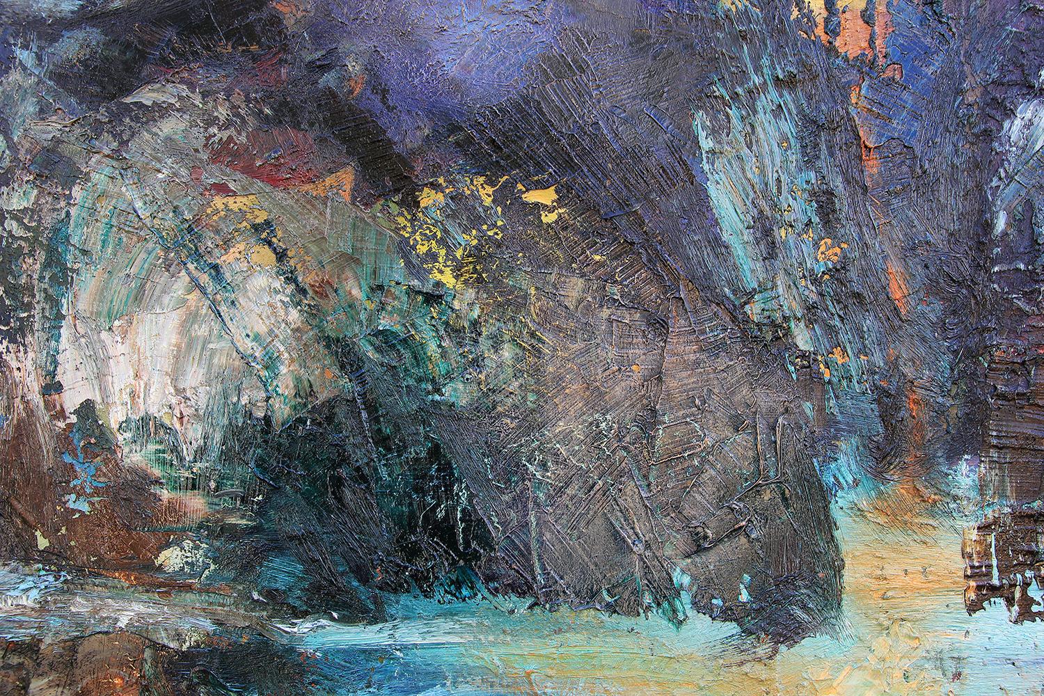 Blue toned abstract impressionist landscape by Houston, Texas artist Sha Mo depicting land, waterfalls, and mountains. Signed by artist at the bottom right. Framed in a gold wooden frame.

Dimensions Without Frame: H 30 in. x W 38.13 in. x D .75 in. 