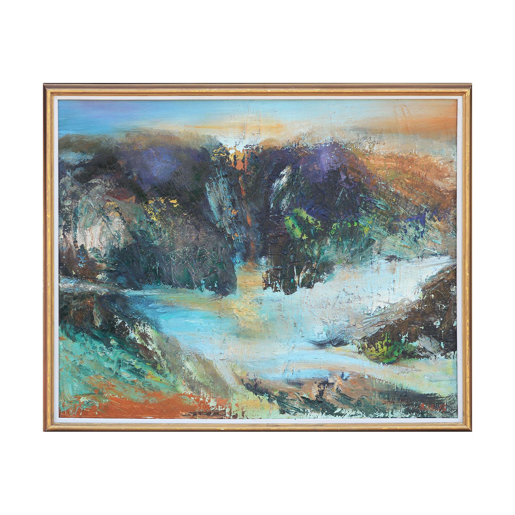 Sha Mo Abstract Painting - "Desert Dawn" Blue Toned Abstract Impressionist Waterfall Landscape Painting