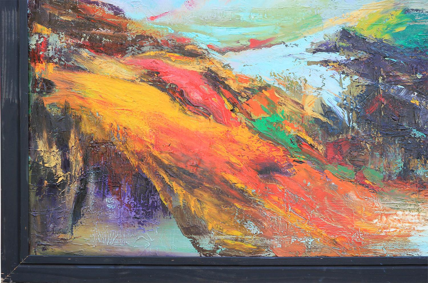 Orange and blue toned abstract impressionist landscape painting by Houston, Texas artist Sha Mo depicting mountains and lake with flowing lava-like form. Signed by artist at the bottom right. Framed in a black wooden frame. 

Dimensions Without