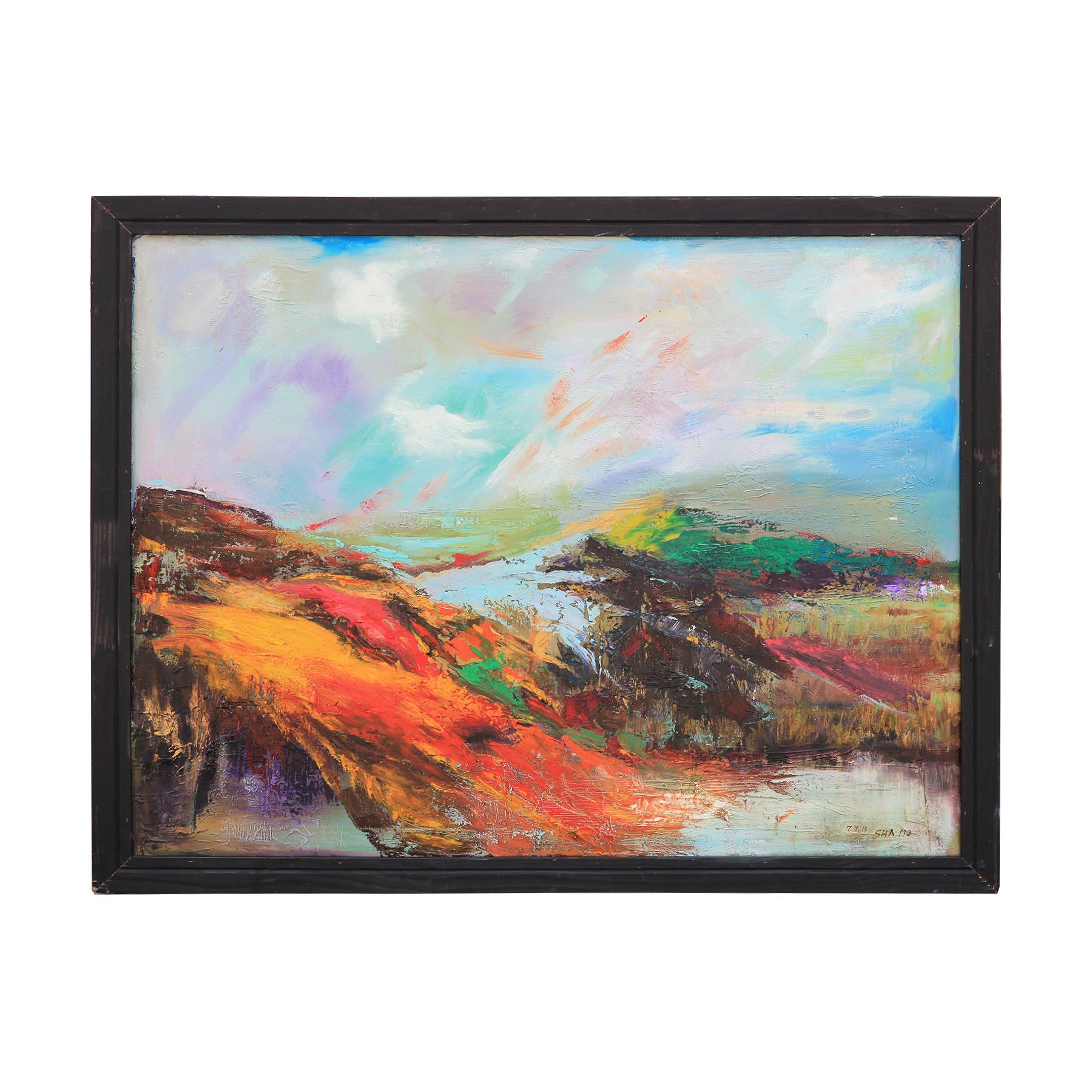 Peinture impressionniste abstraite de paysage de montagne et de lac aux tons orange et bleu