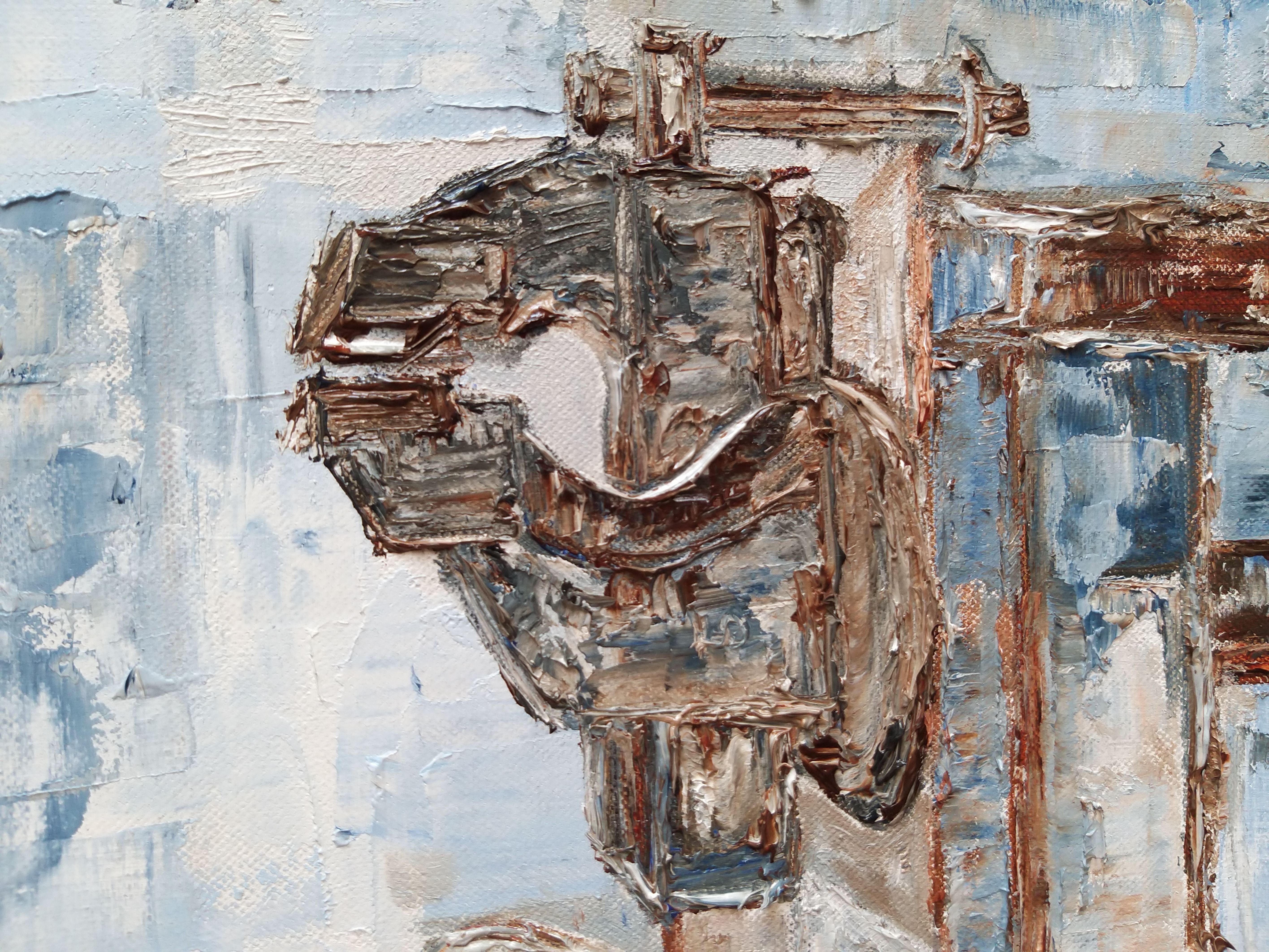 The Drill Machine, Painting, Oil on Canvas For Sale 4