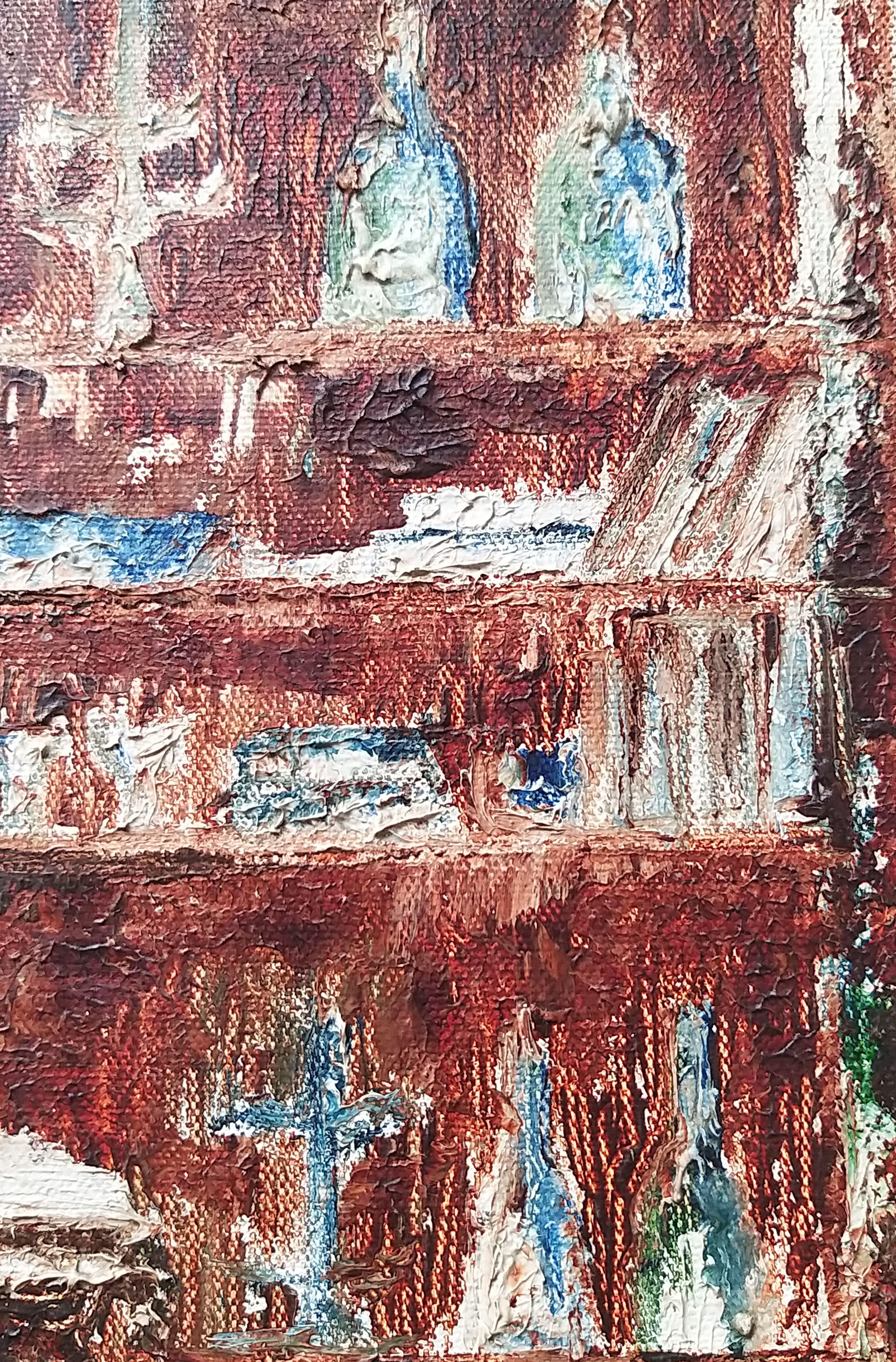   Das Kunstwerk zeigt die zeitlose Schönheit des Holztisches, des Schranks, der Bücher, der Kerzenständer, der Gläser, des Teppichs und der Inneneinrichtung.  Die Farben werden mit einem Messer auf die Leinwand geschmiert, um eine tief