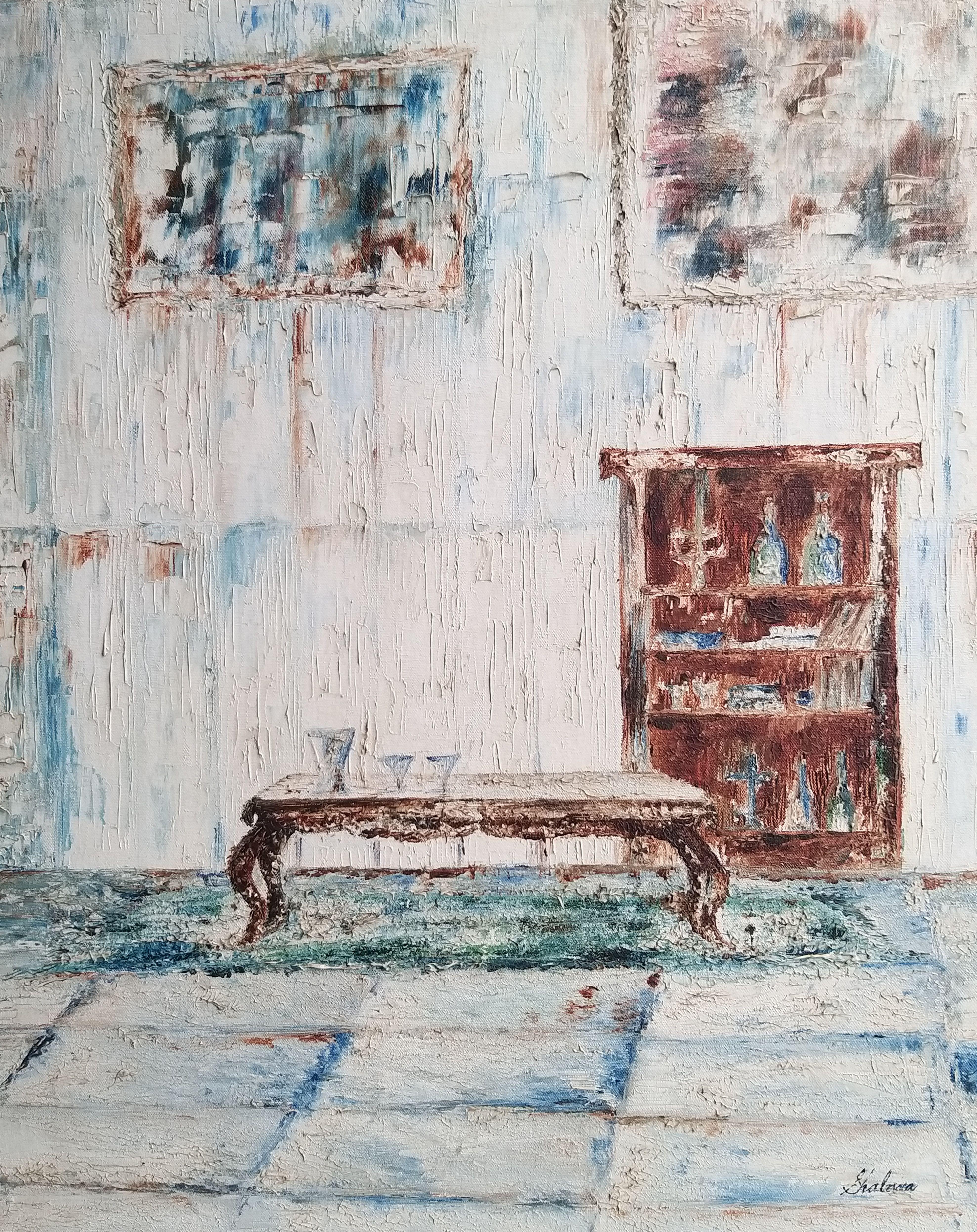   Artwork portrays the timeless beauty of the wooden table , cupboard, books , candle stands, glasses, carpet and the interiors.  Colors are smeared on the canvas using a knife to create a deeply textured rough raw unfinished look.  Painting is