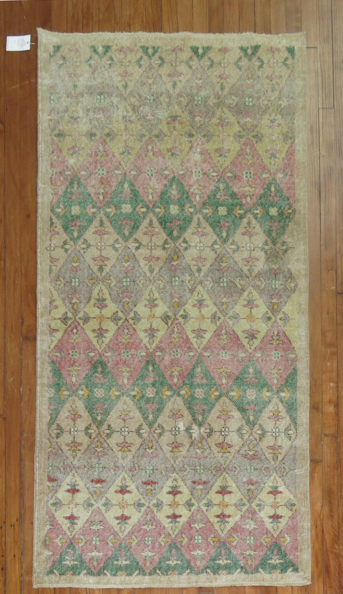 Egyptian Revival Shabby Chic 20th Century Turkish Runner with Pink and Green Accent Colors For Sale