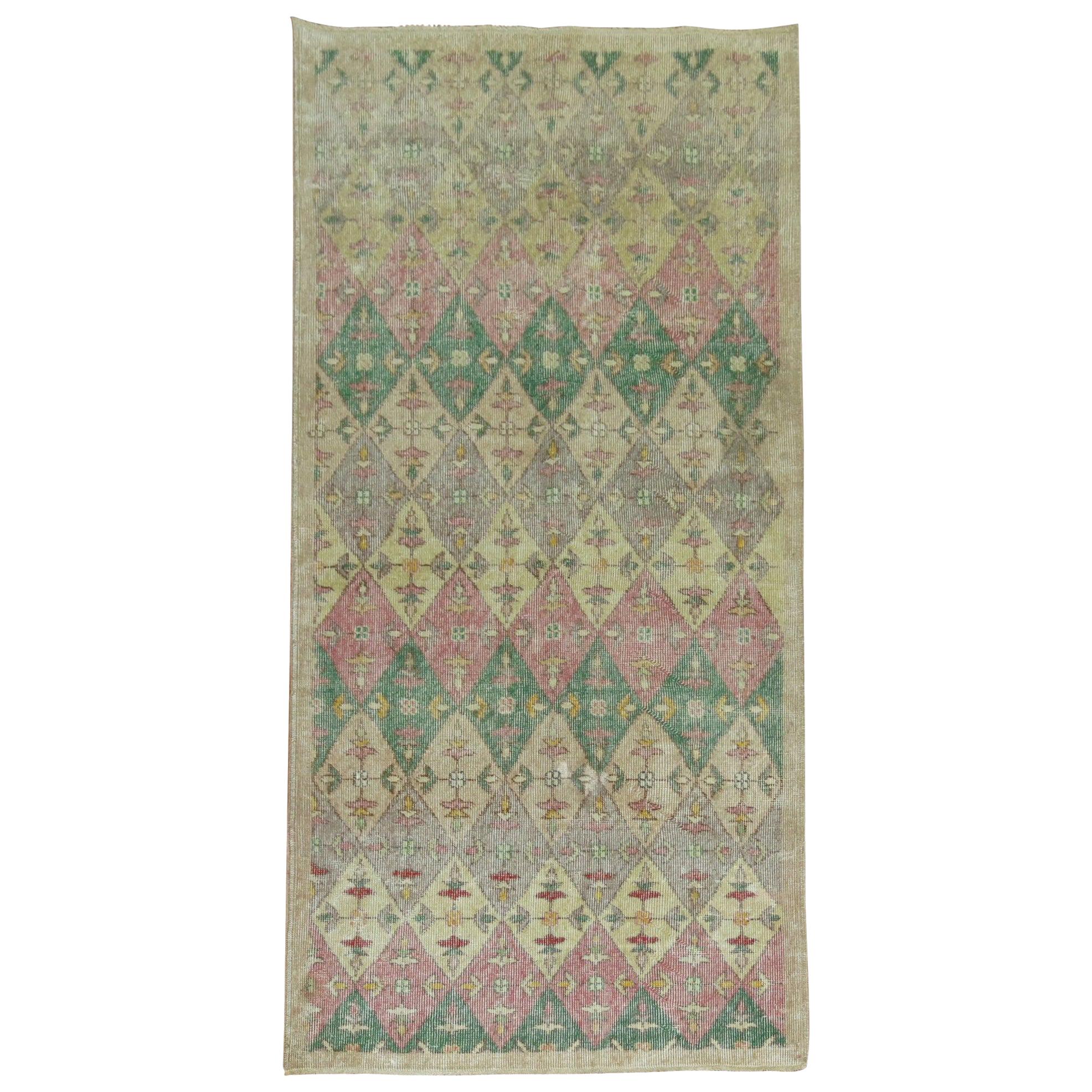 Shabby Chic 20th Century Turkish Runner with Pink and Green Accent Colors