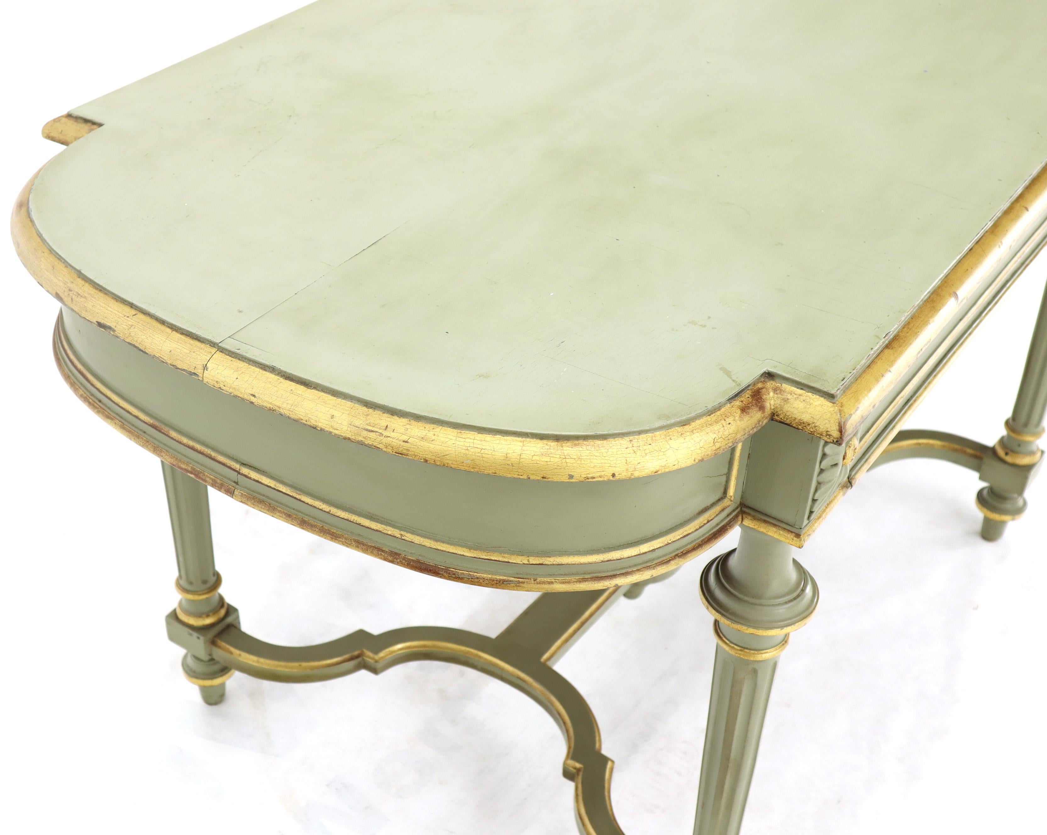 French Provincial Shabby Chic and Gold Leaf Distressed Antique Writing Table Desk Large Console For Sale