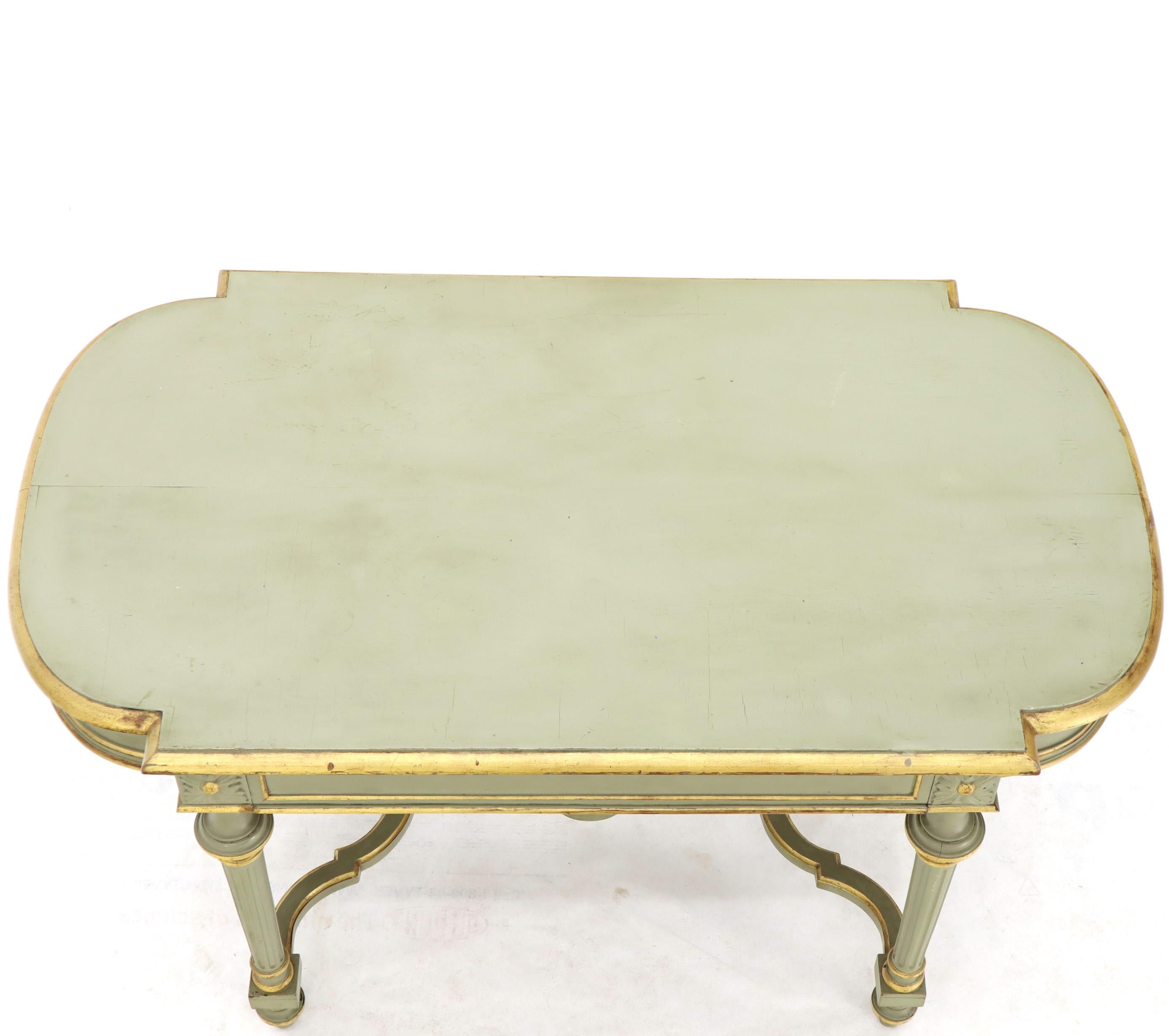 Painted Shabby Chic and Gold Leaf Distressed Antique Writing Table Desk Large Console For Sale