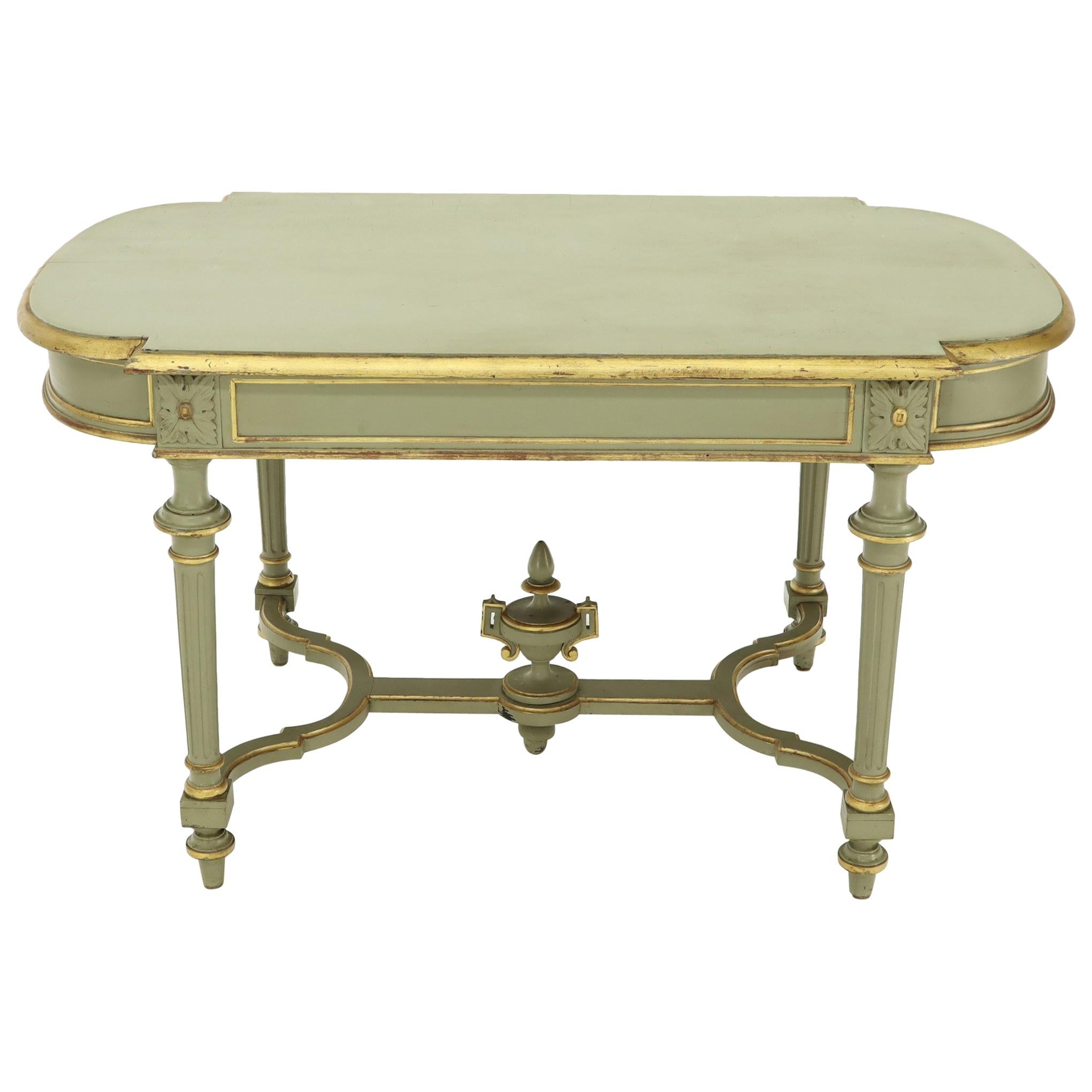 Shabby Chic and Gold Leaf Distressed Antique Writing Table Desk Large Console For Sale