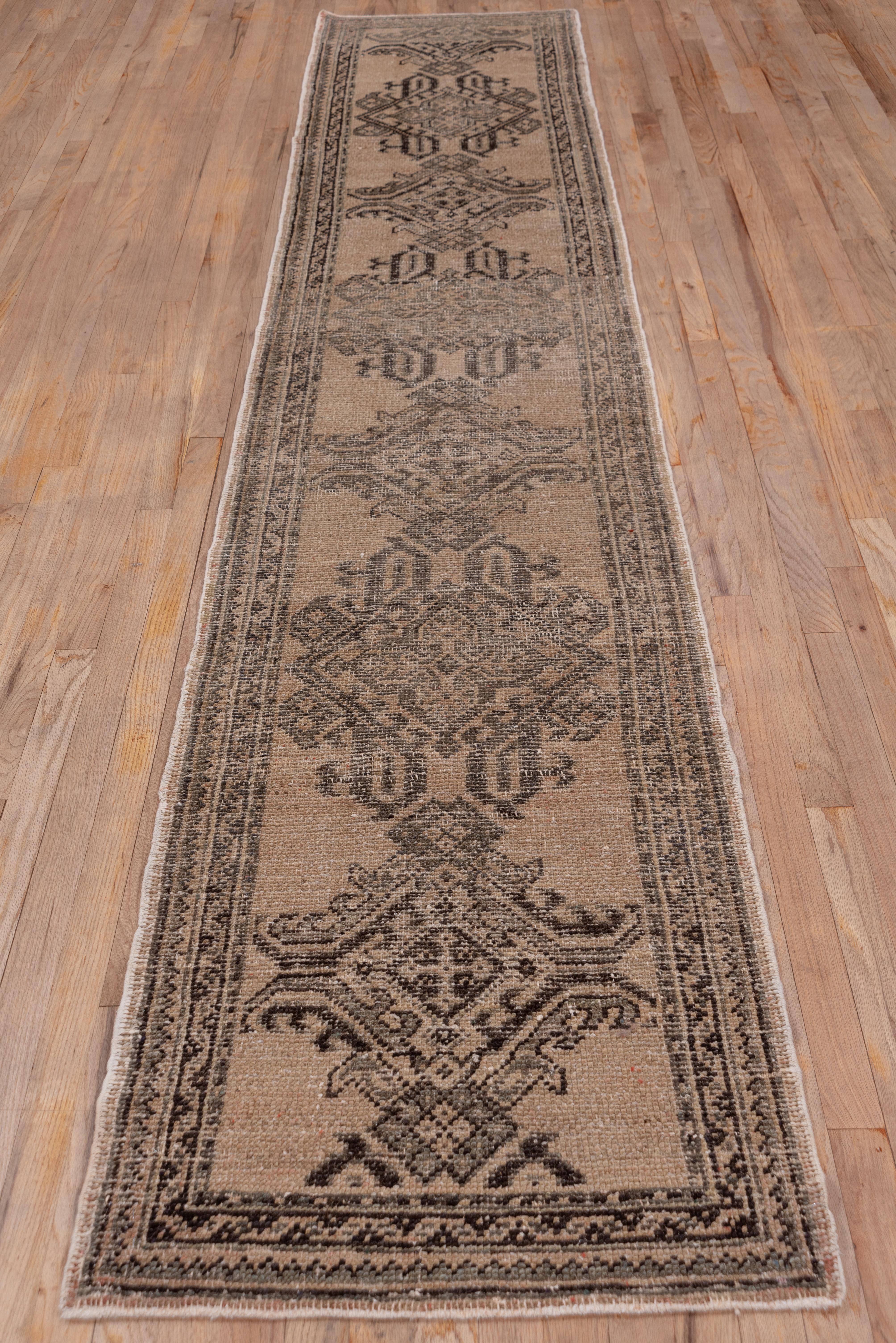 The oatmeal ground of this west Turkish workshop runner displays a single column Yaprak (Leaf) design in dark brown and green, within similarly toned narrow geometric borders.