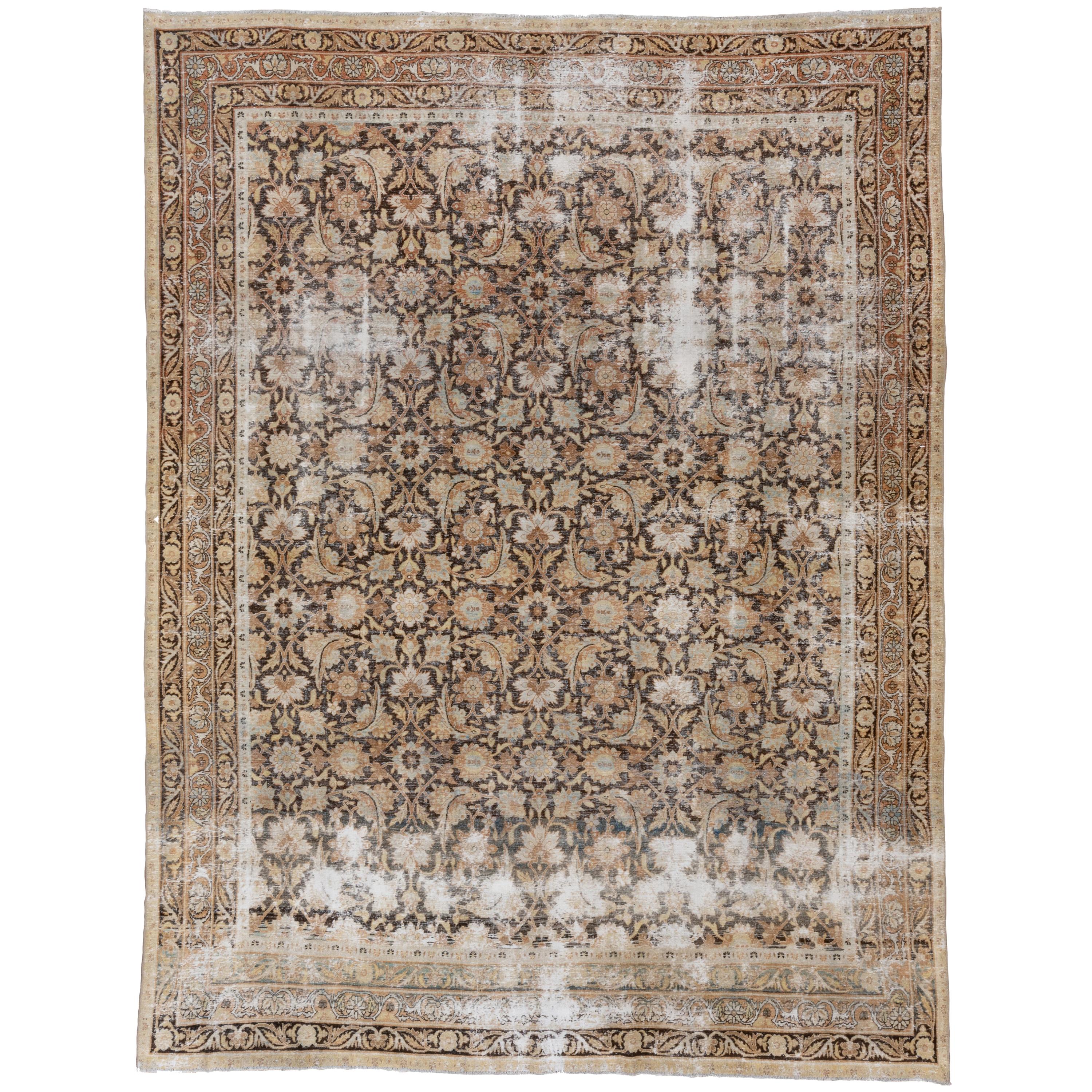 Shabby Chic Antique Persian Lavar Kerman Rug, Dark Brown & Orange All-Over Field For Sale