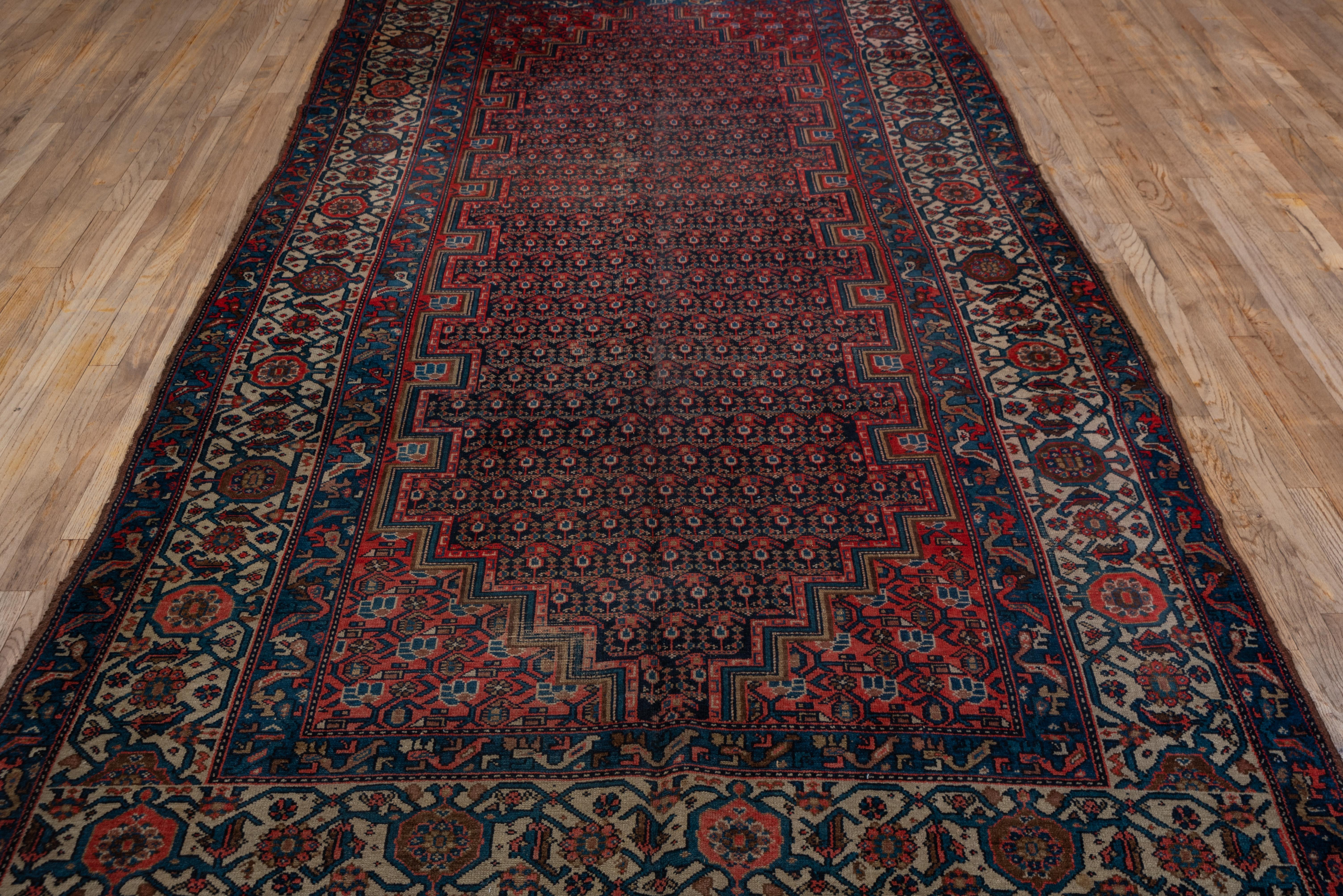 Hand-Knotted Shabby Chic Antique Persian Malayer Gallery Rug, Navy & Light Red Paisley Field