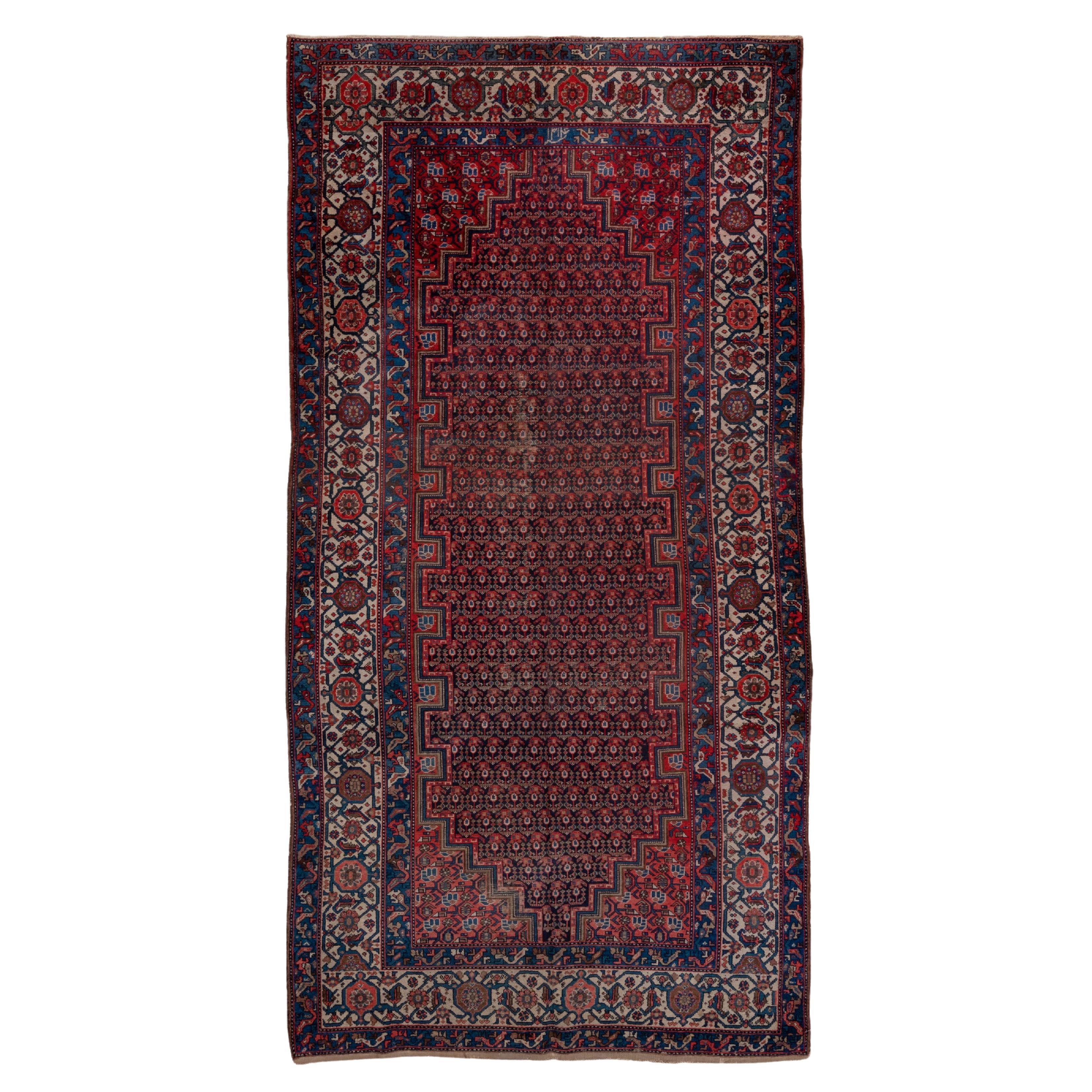 Shabby Chic Antique Persian Malayer Gallery Rug, Navy & Light Red Paisley Field