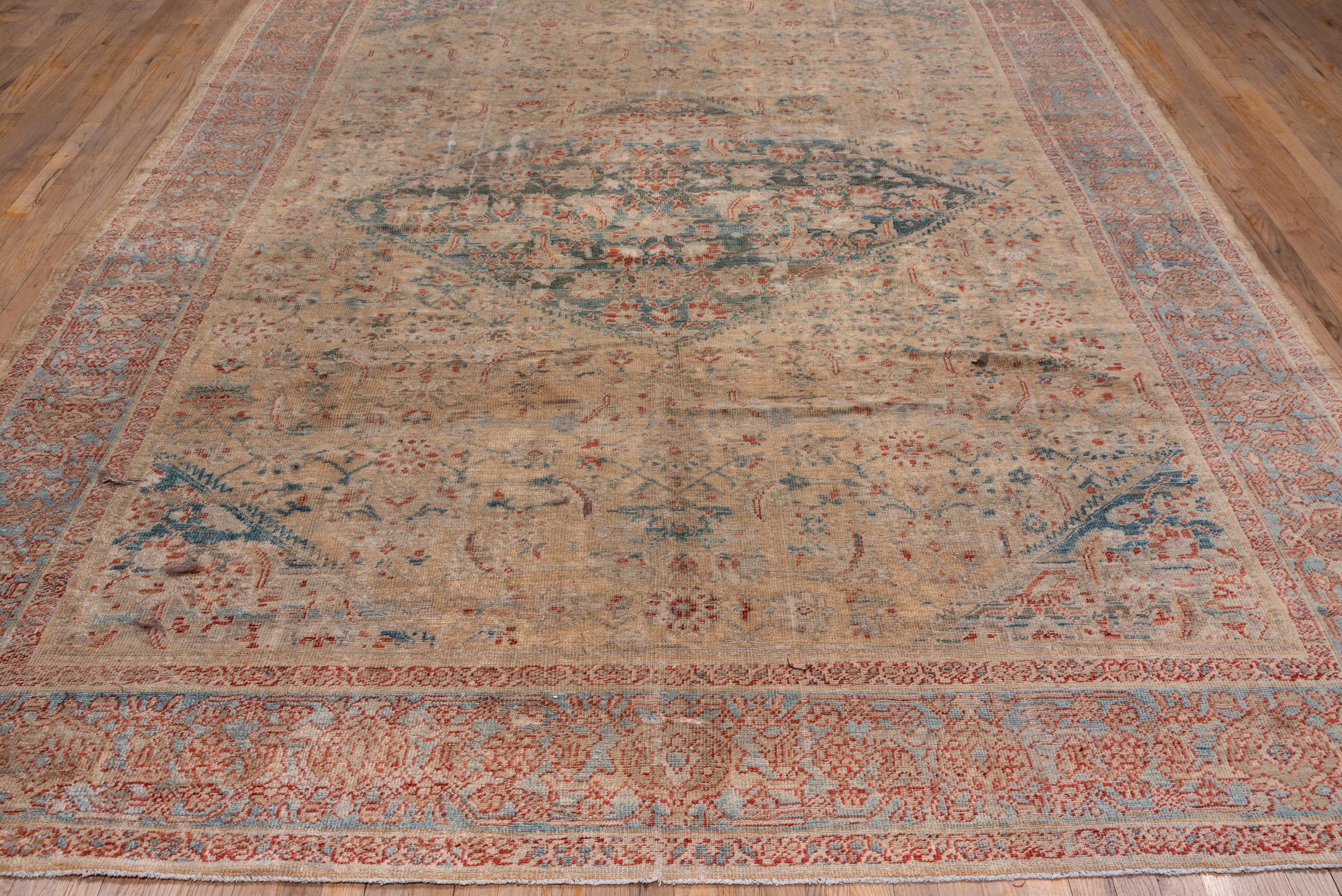 Hand-Knotted Shabby Chic Antique Persian Sultanabad Ryg, Sand Field & Light Blue Borders For Sale