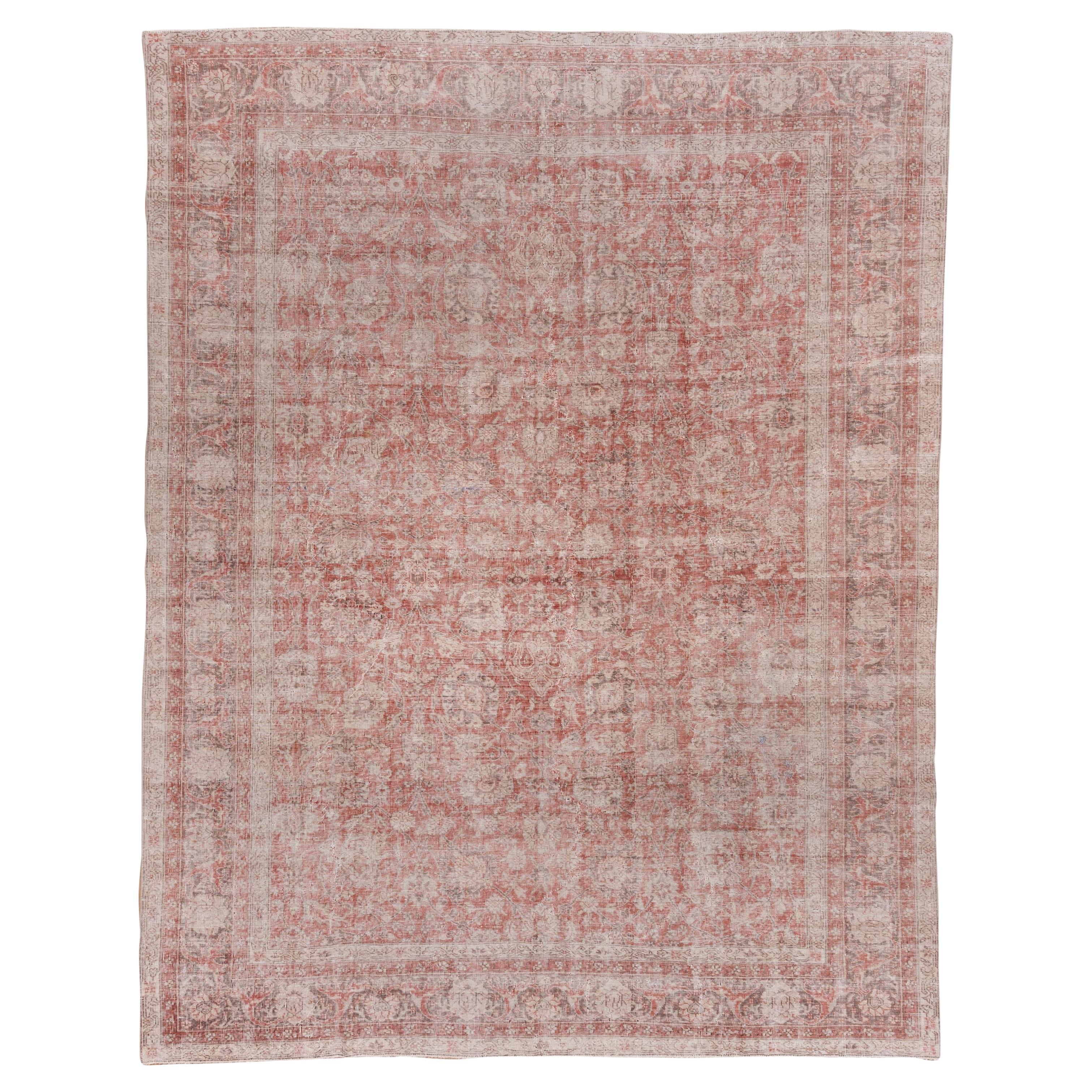 Shabby Chic Antique Turkish Oushak Rug, Light Red and Rust All-Over Field