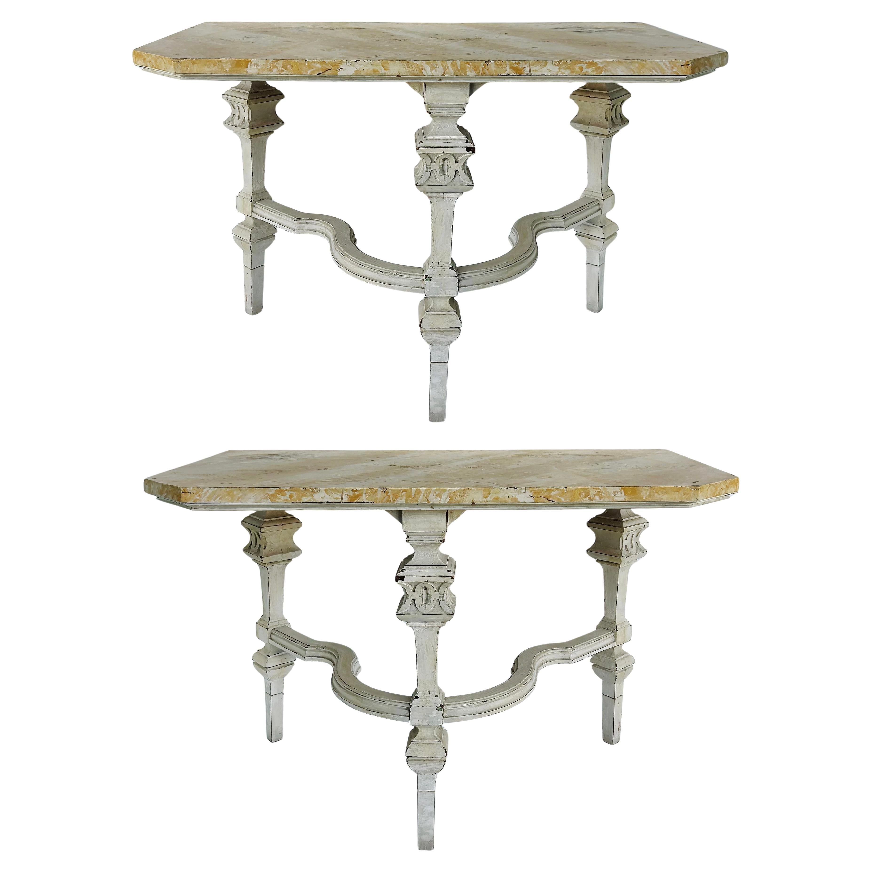 Shabby Chic Antique Wood Console Tables, Faux Marble Painted Tops, a Pair