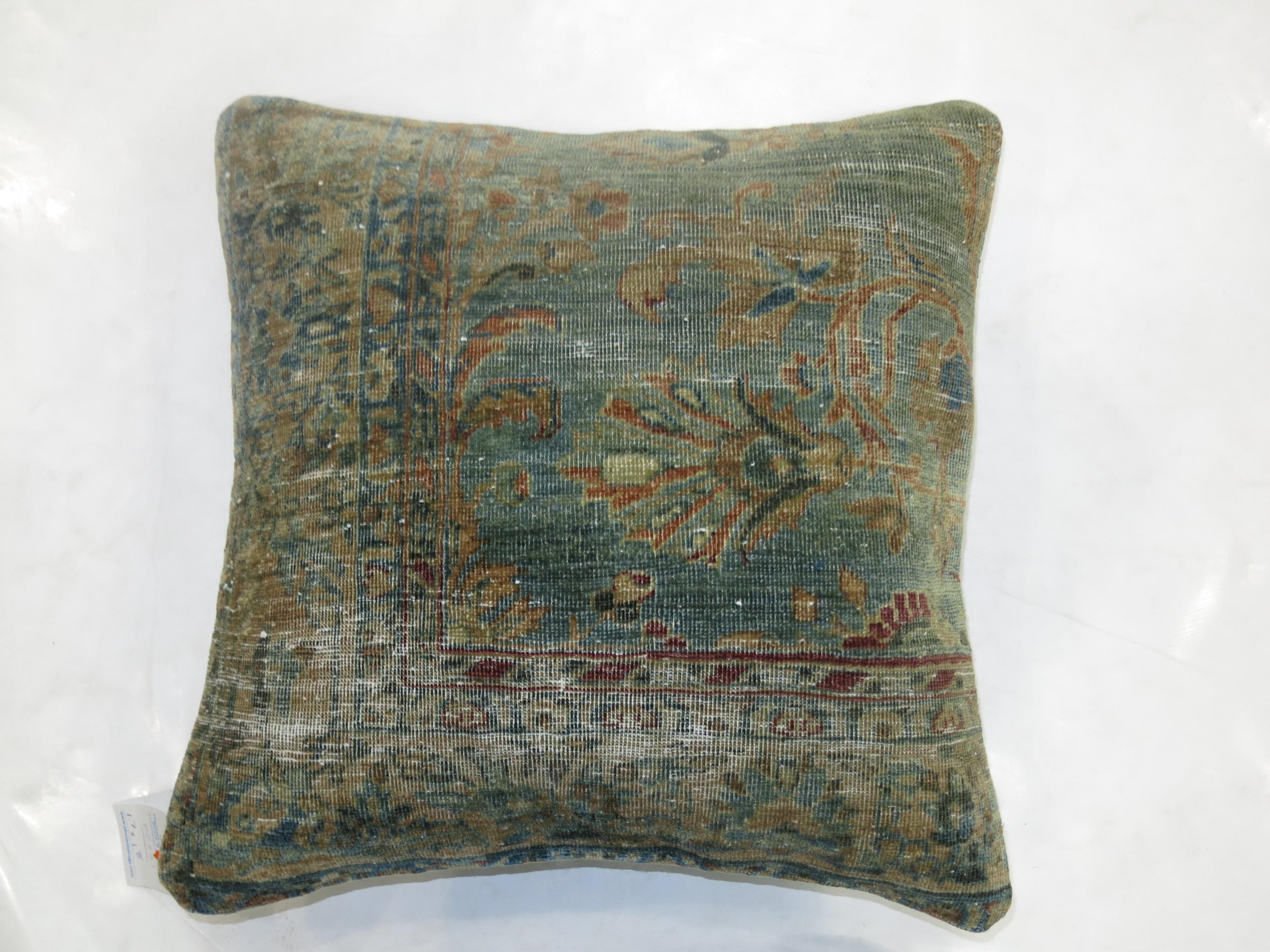 Kashan Shabby Chic Blue Green Antique Persian Rug Pillow