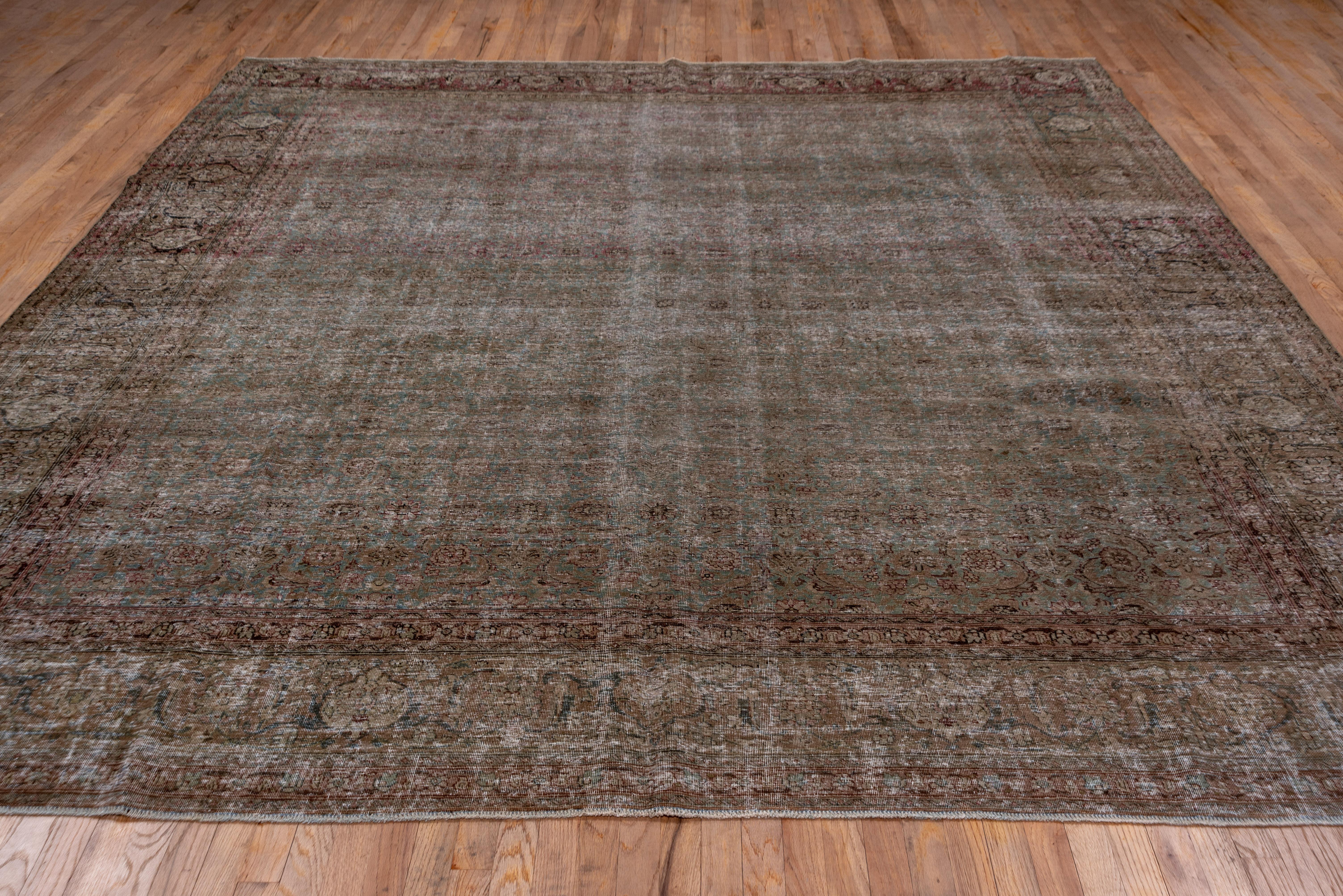 Hand-Knotted Shabby Chic & Colorful Antique Persian Tabriz Rug, Blue and Green All-Over Field