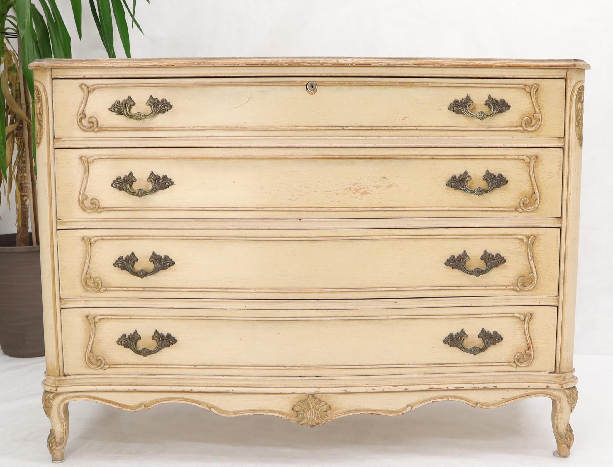 American Shabby Chic Gold Decorated Off White Painted French Provincial Dresser For Sale