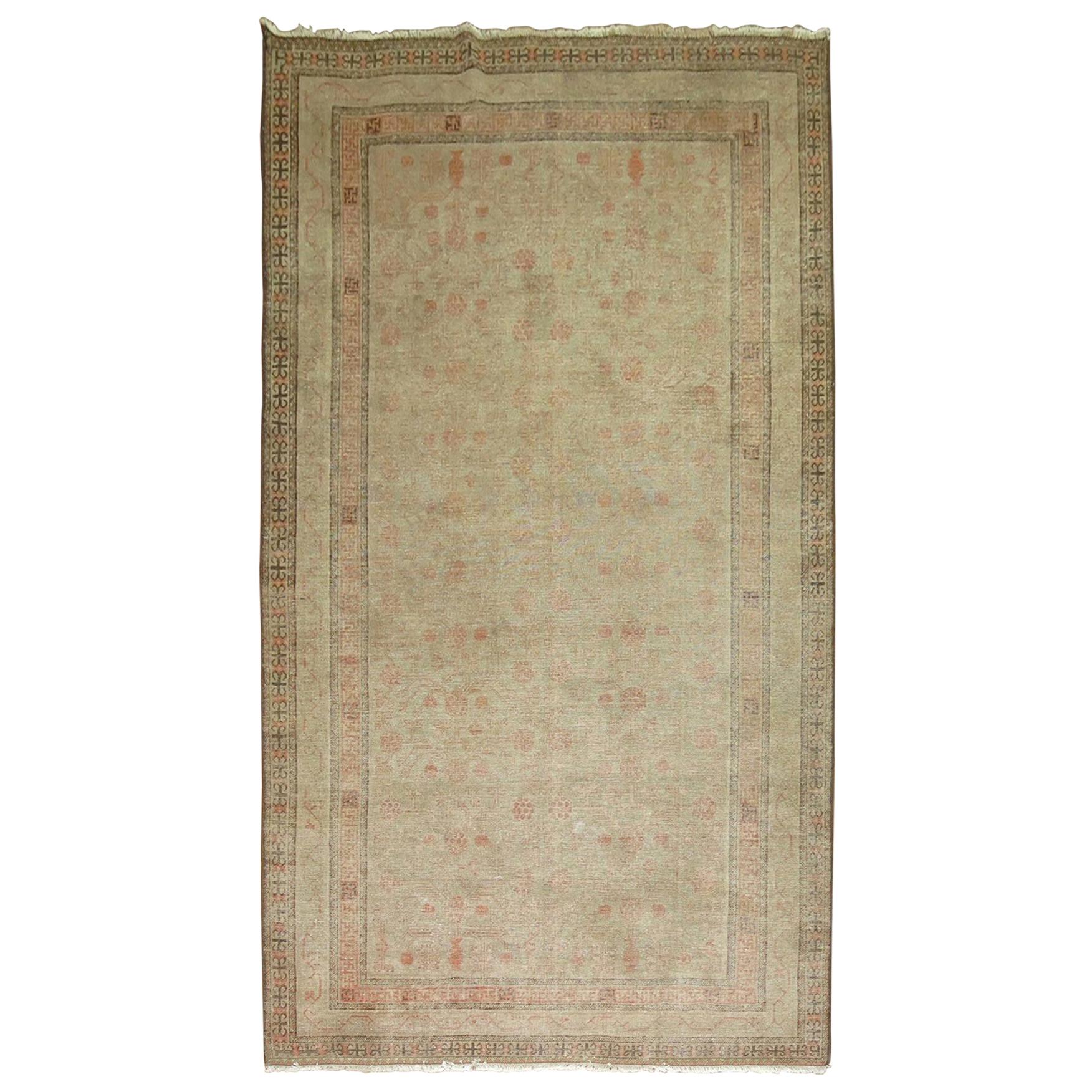 Shabby Chic Gray Khotan Gallery Size Wool Late 19th Century Carpet