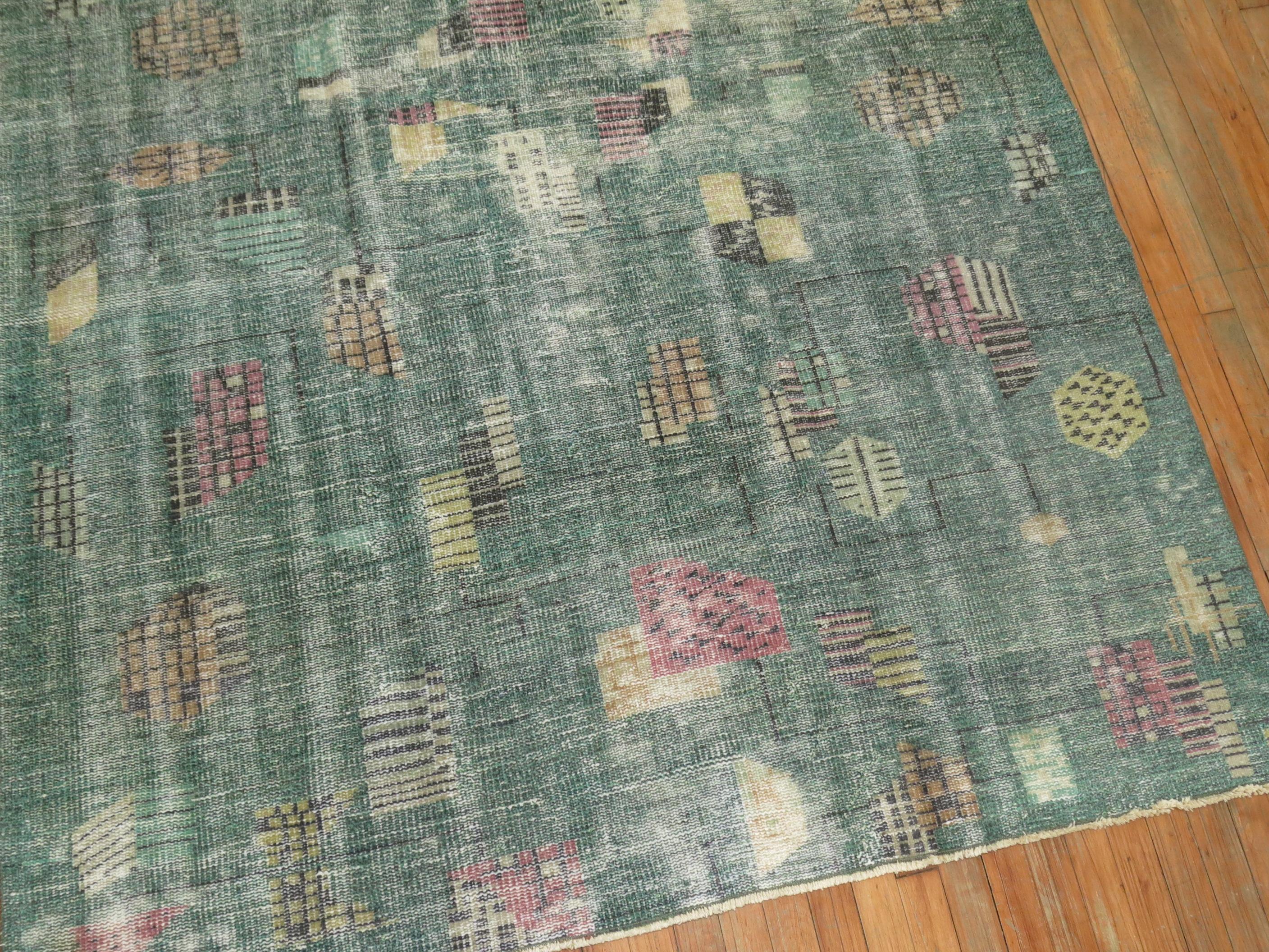 One of a kind shabby chic mid-20th century Turkish deco pictorial rug.