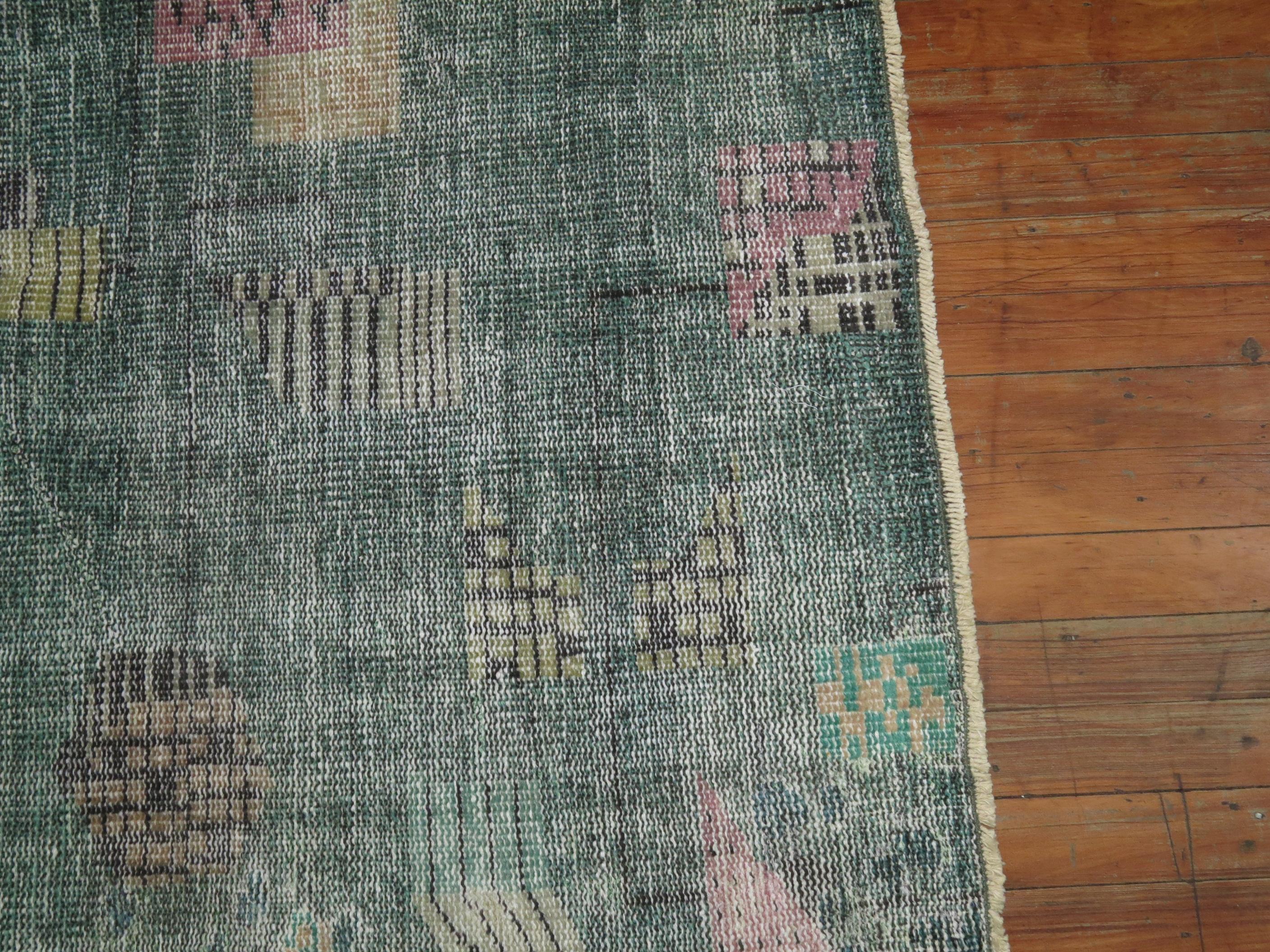 Shabby Chic Green Zeki Muren Turkish Deco Rug In Distressed Condition For Sale In New York, NY