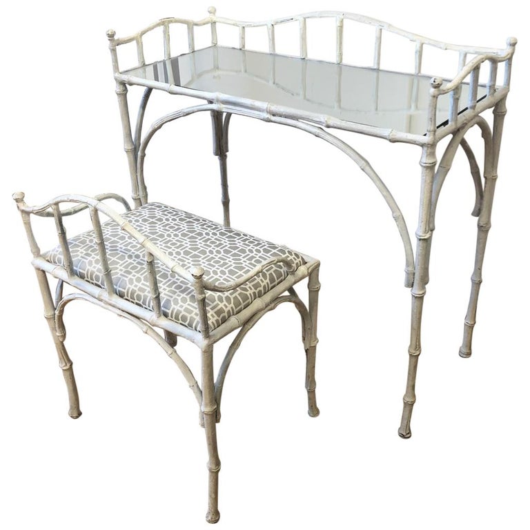 Shabby Chic Metal Mirrored Vanity And Bench Bamboo Motif