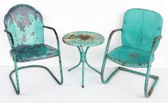 Shabby Chic Painted Metal Garden Chairs & Table- Set of 3