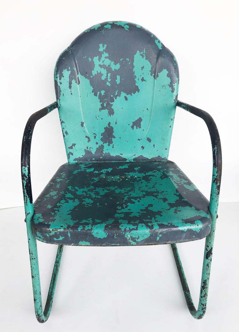 Shabby Chic Painted Metal Garden Chairs and Table Set of 3 For Sale at