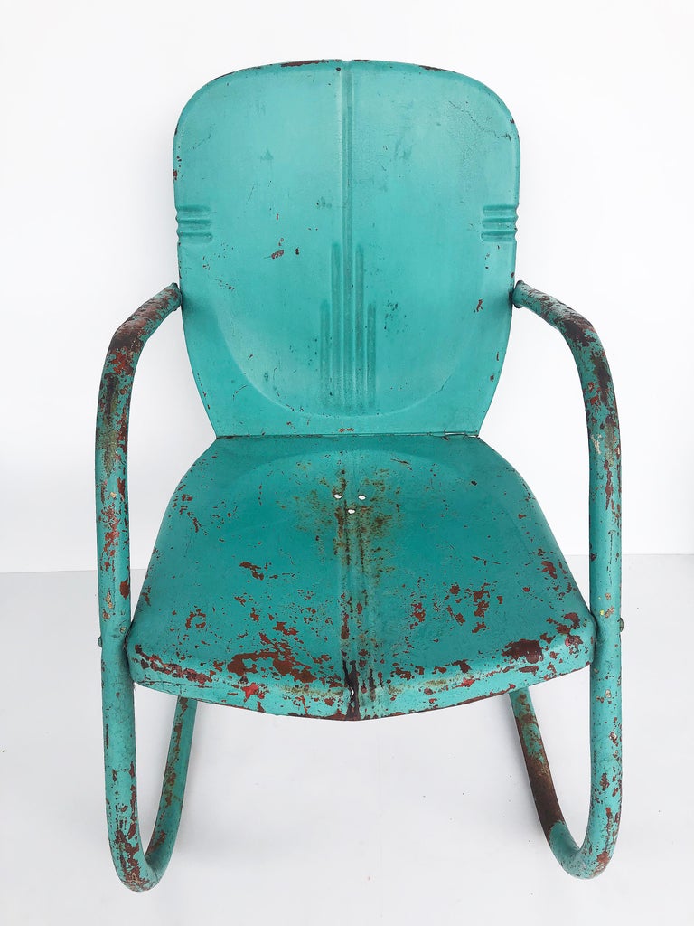 Shabby Chic Painted Metal Garden Chairs and Table Set of 3 For Sale at