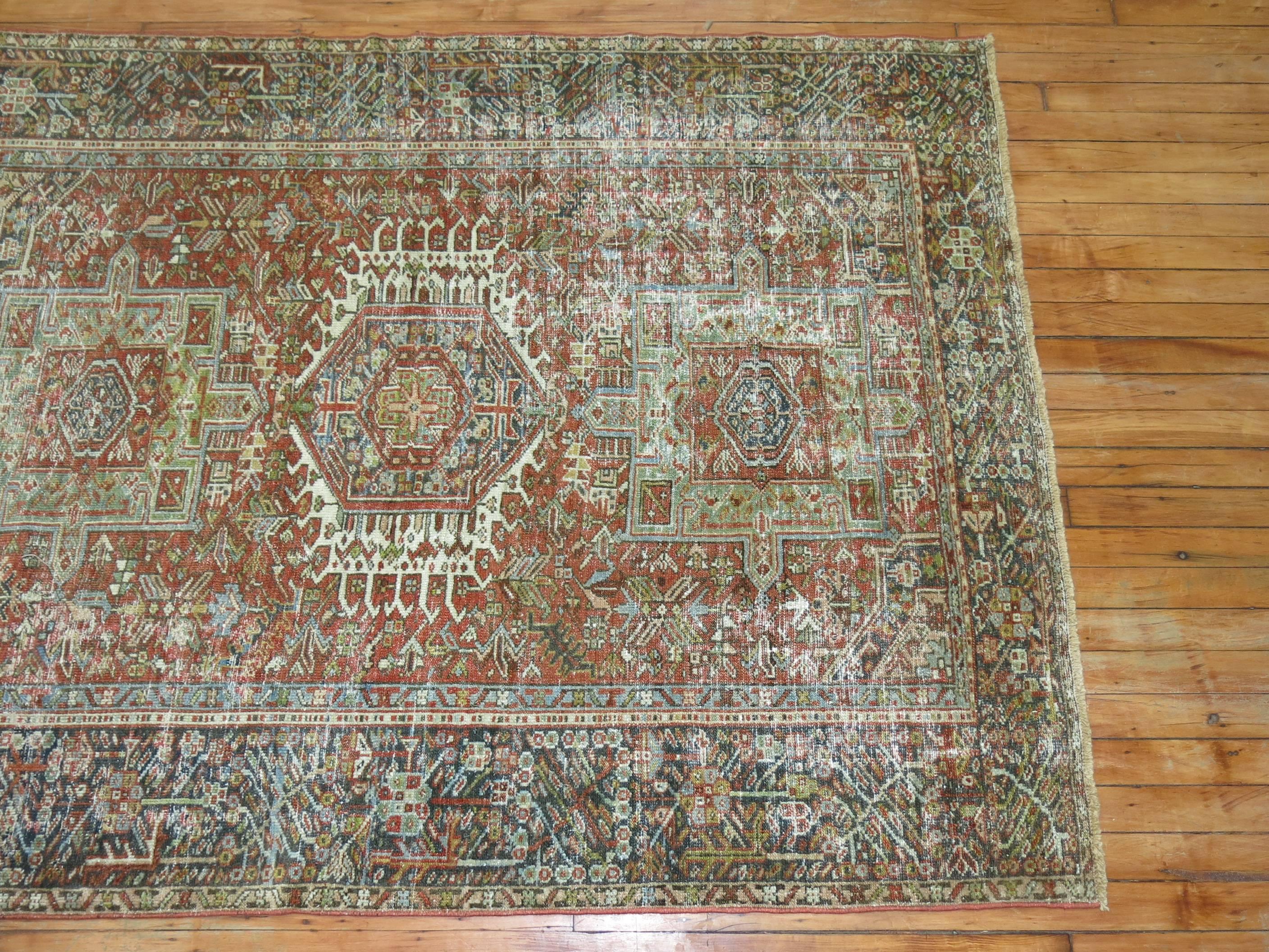 Rustic Antique Worn 4 x 6 Persian Heriz Rug For Sale