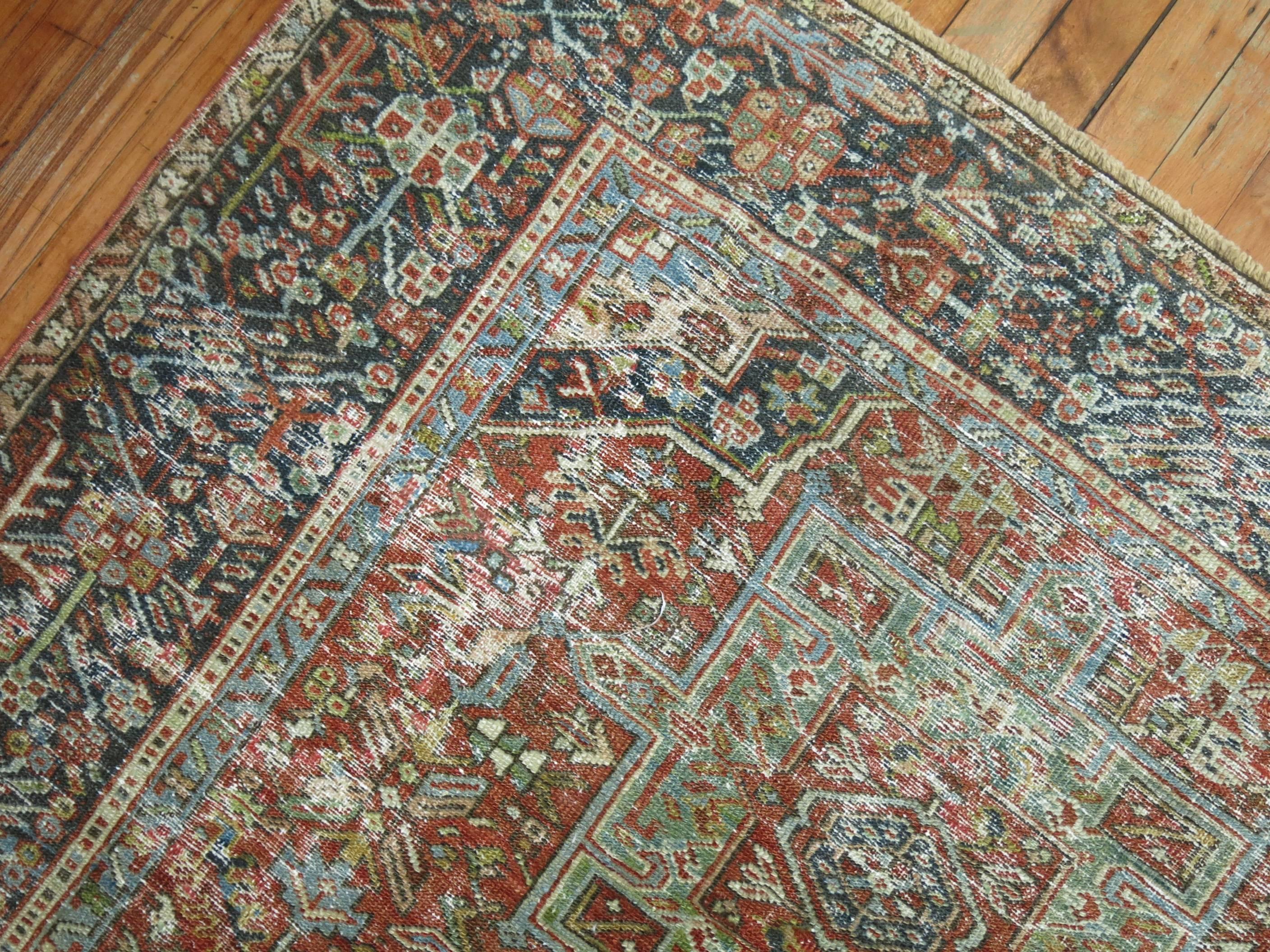 Hand-Knotted Antique Worn 4 x 6 Persian Heriz Rug For Sale