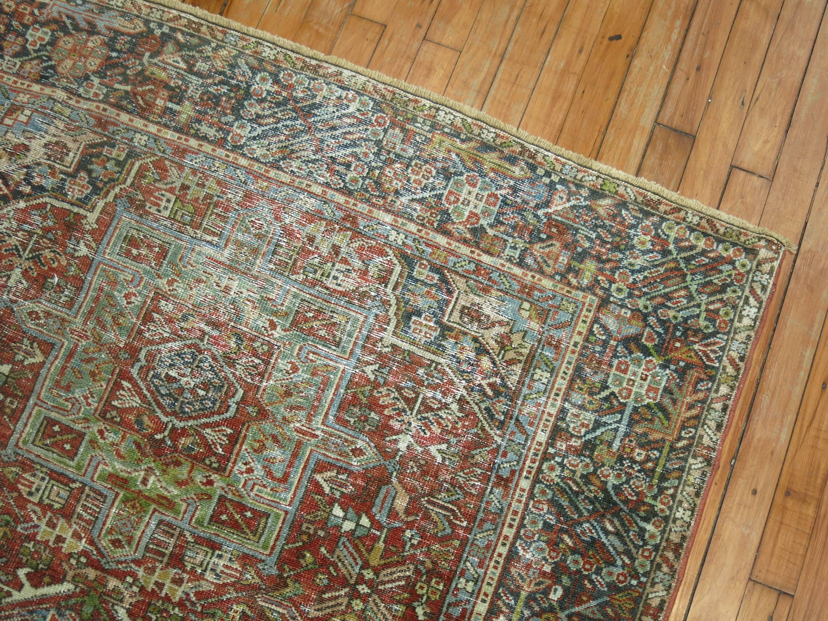 Antique Worn 4 x 6 Persian Heriz Rug In Fair Condition For Sale In New York, NY