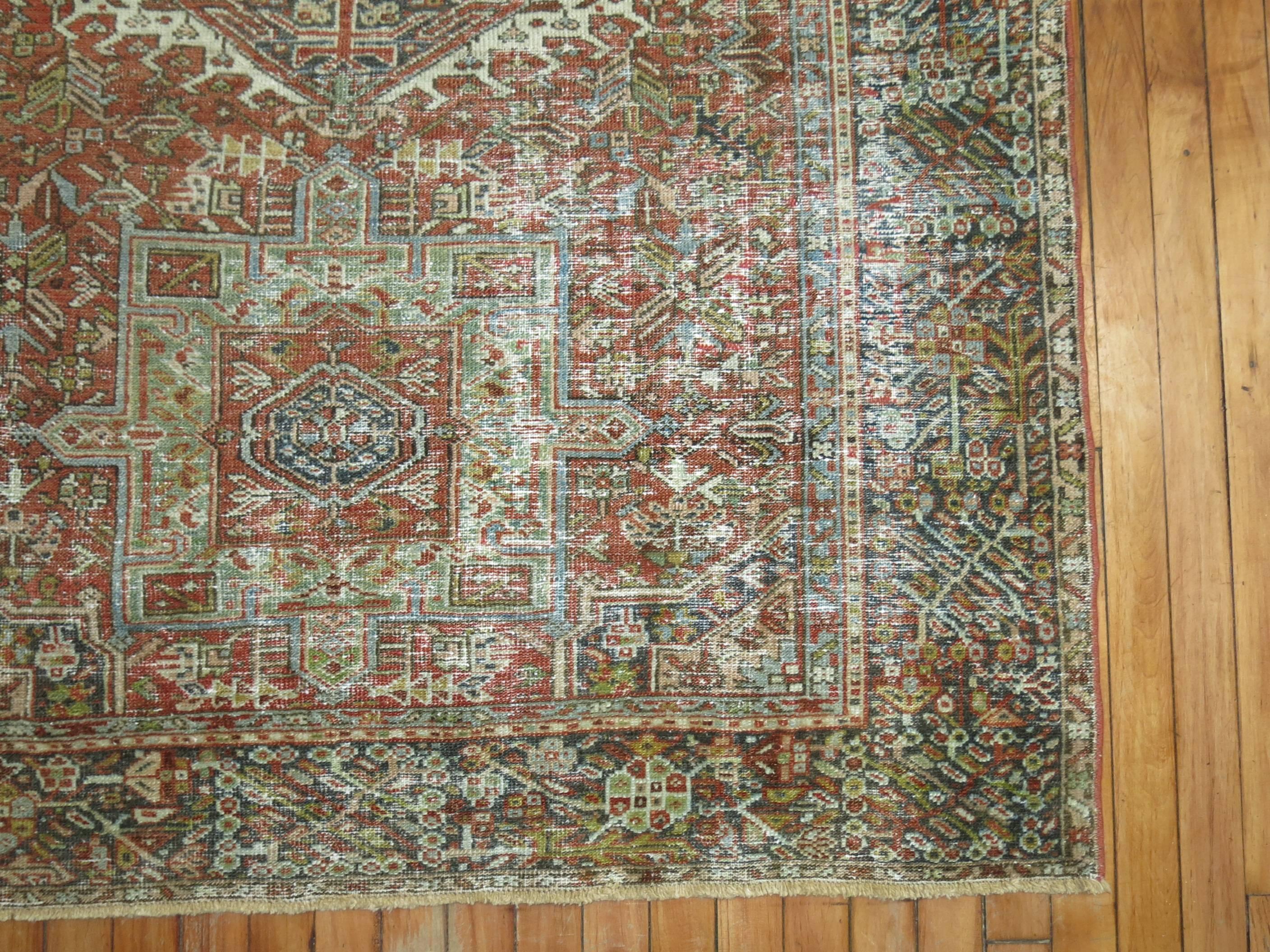 20th Century Antique Worn 4 x 6 Persian Heriz Rug For Sale