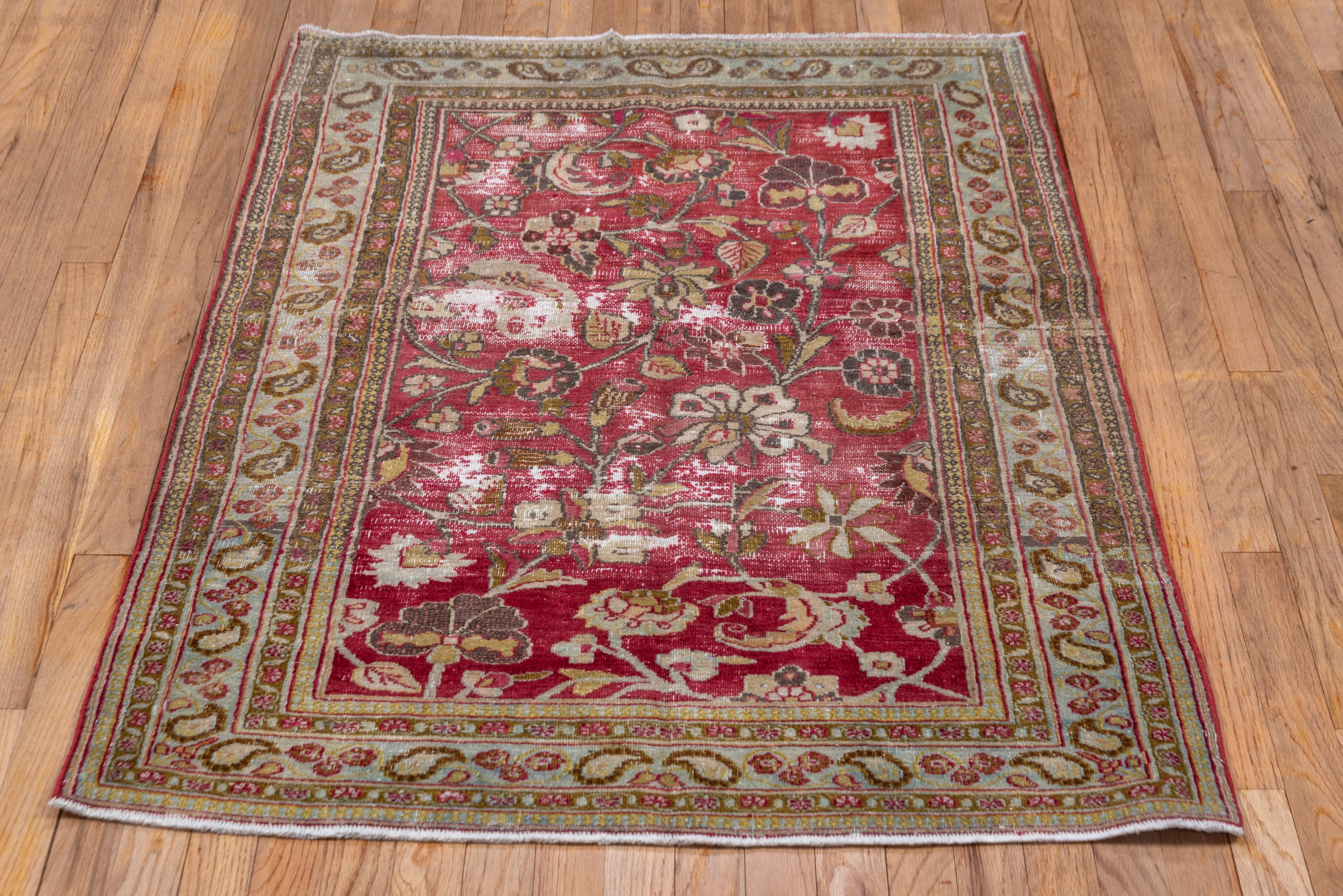 Early 20th Century Shabby Chic Persian Khorassan Rug, Raspberry Field, Seafoam & Olive Borders For Sale