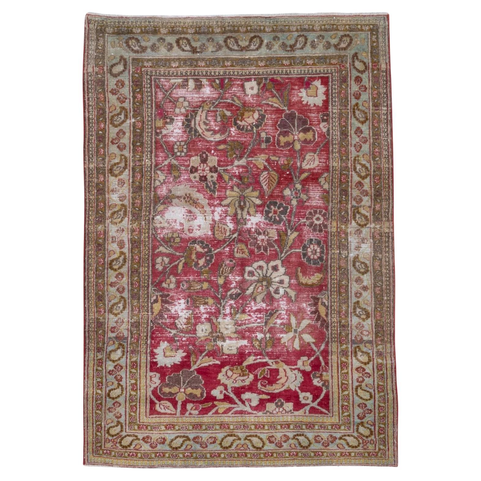 Shabby Chic Persian Khorassan Rug, Raspberry Field, Seafoam & Olive Borders