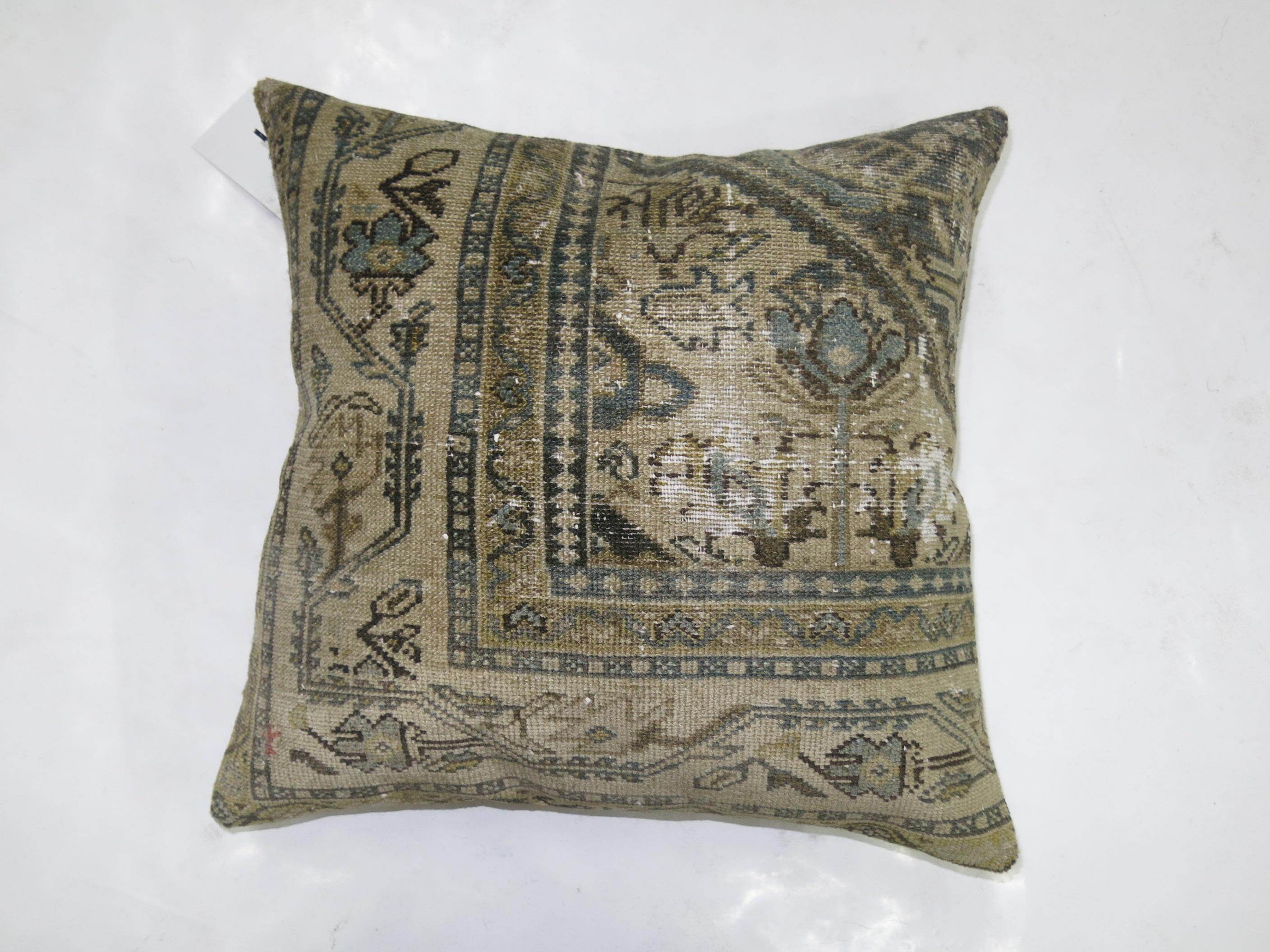 Tabriz 20th Century Green Beige Slate Color Antique Shabby Chic Persian Rug Pillow