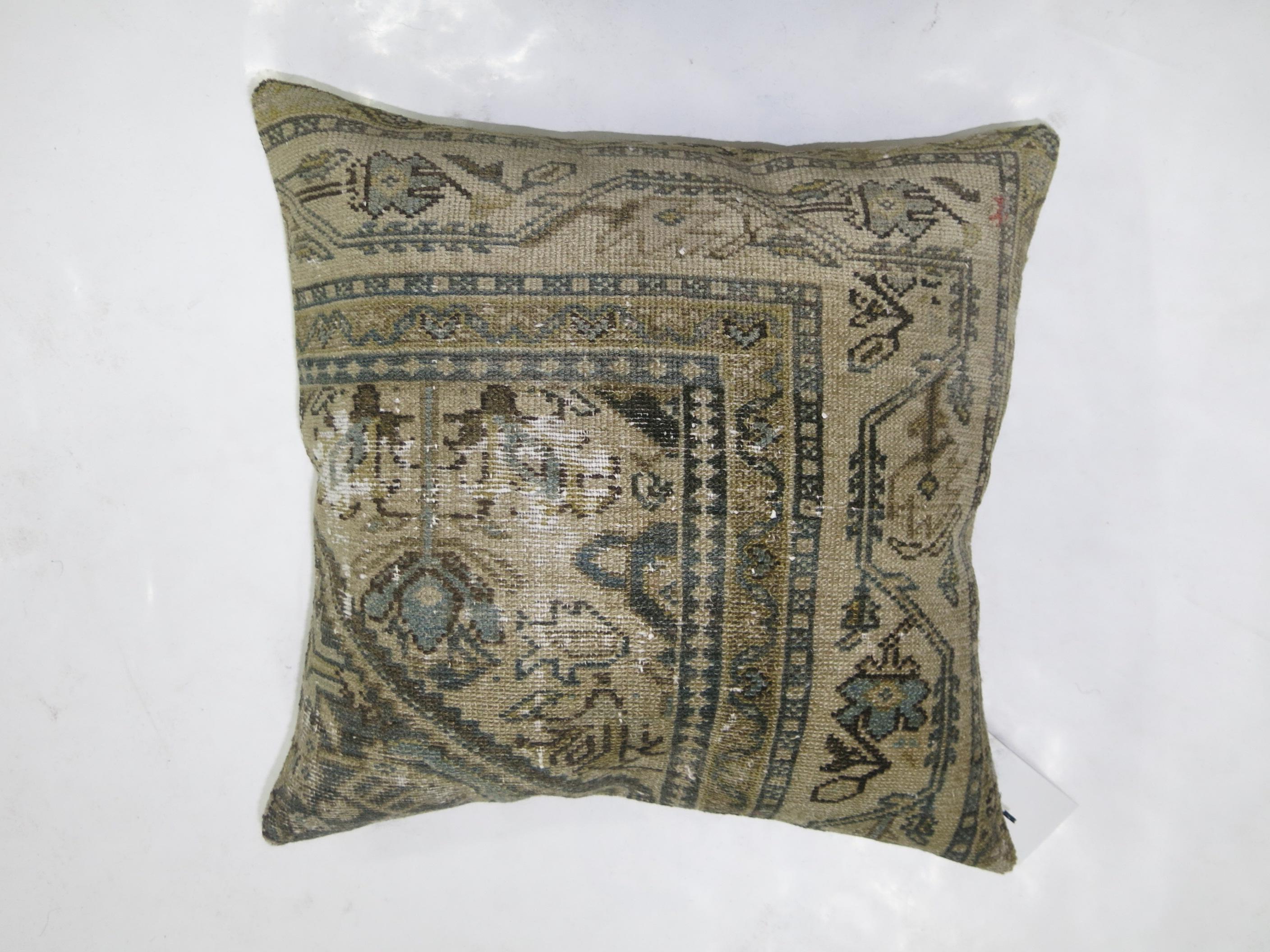20th Century Green Beige Slate Color Antique Shabby Chic Persian Rug Pillow In Good Condition In New York, NY