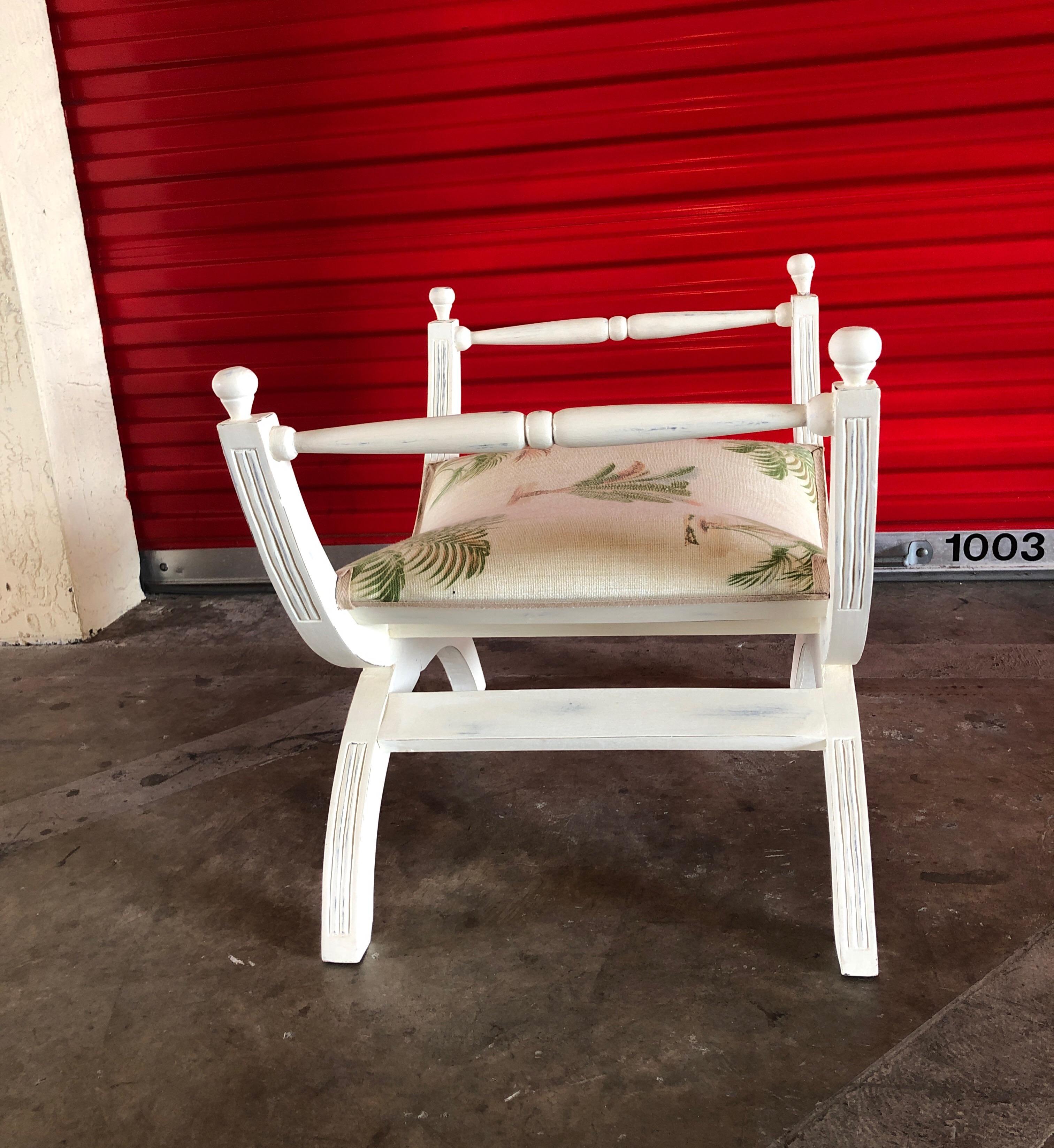 Late 20th Century Shabby Chic Plantation Style Upholstered Bench Painted Chalkie White
