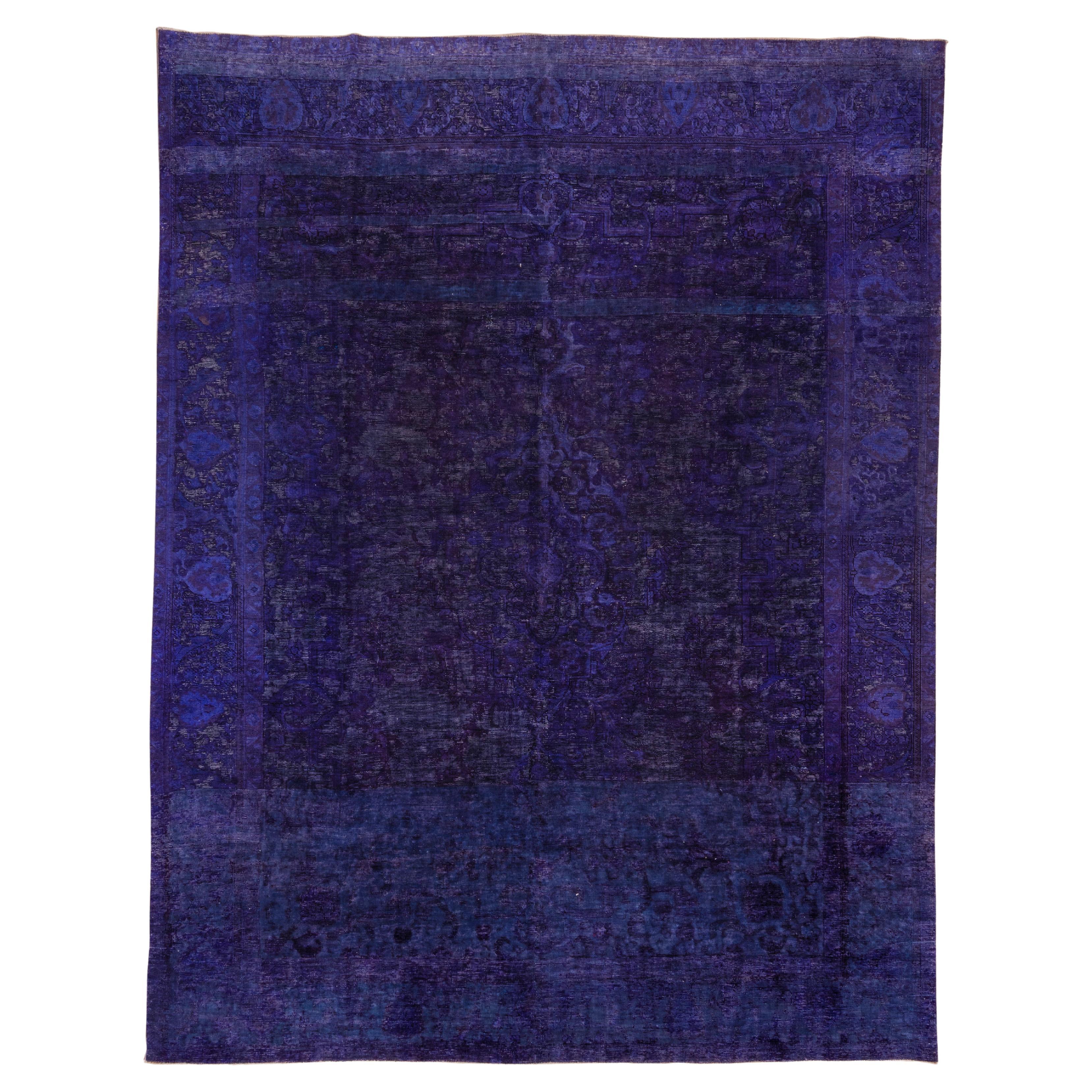 Shabby Chic Purple Hand Knotted Overdyed Rug For Sale