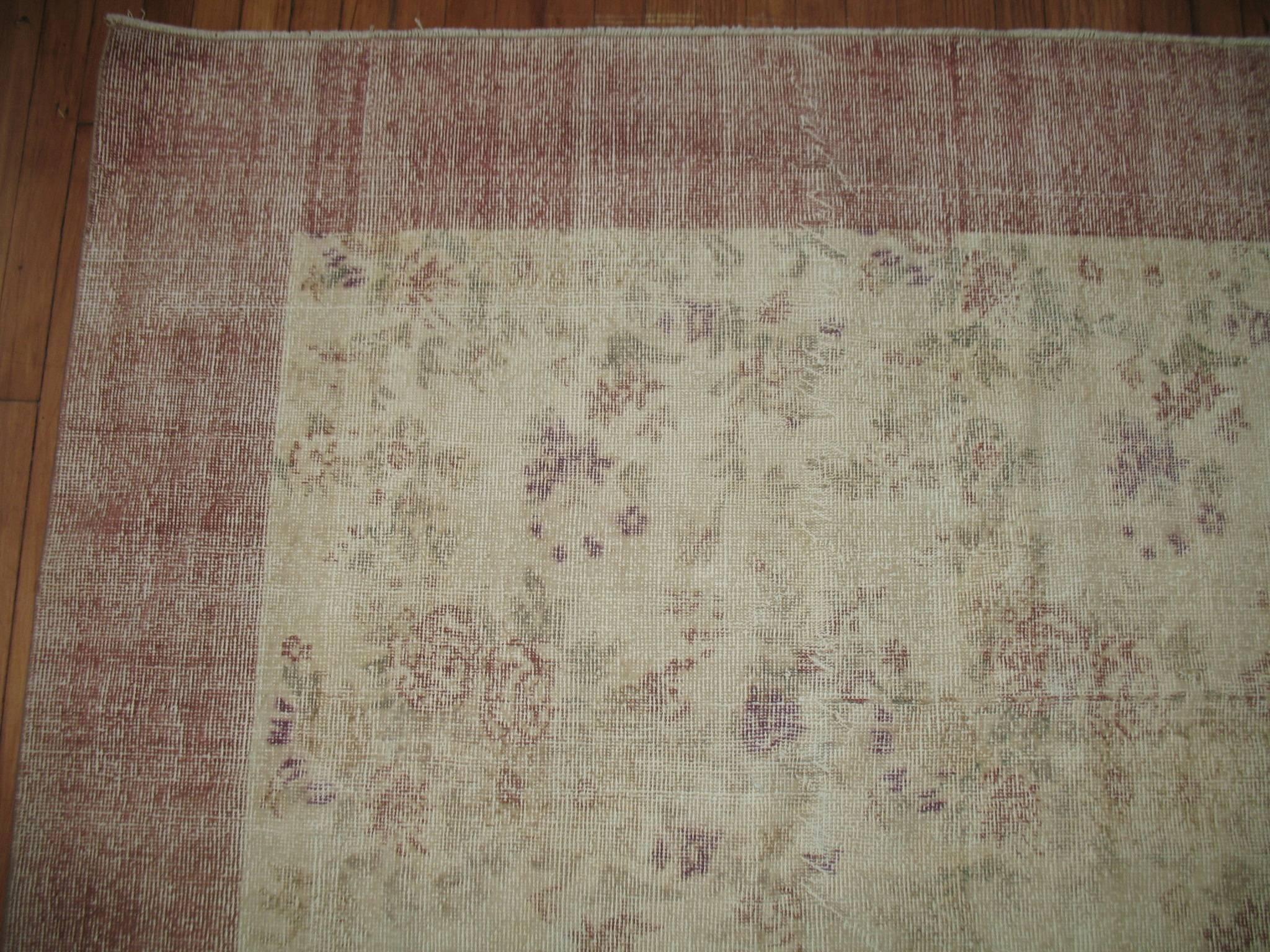 Hand-Knotted Zabihi Collection Worn Floral Turkish Room Size Rug For Sale